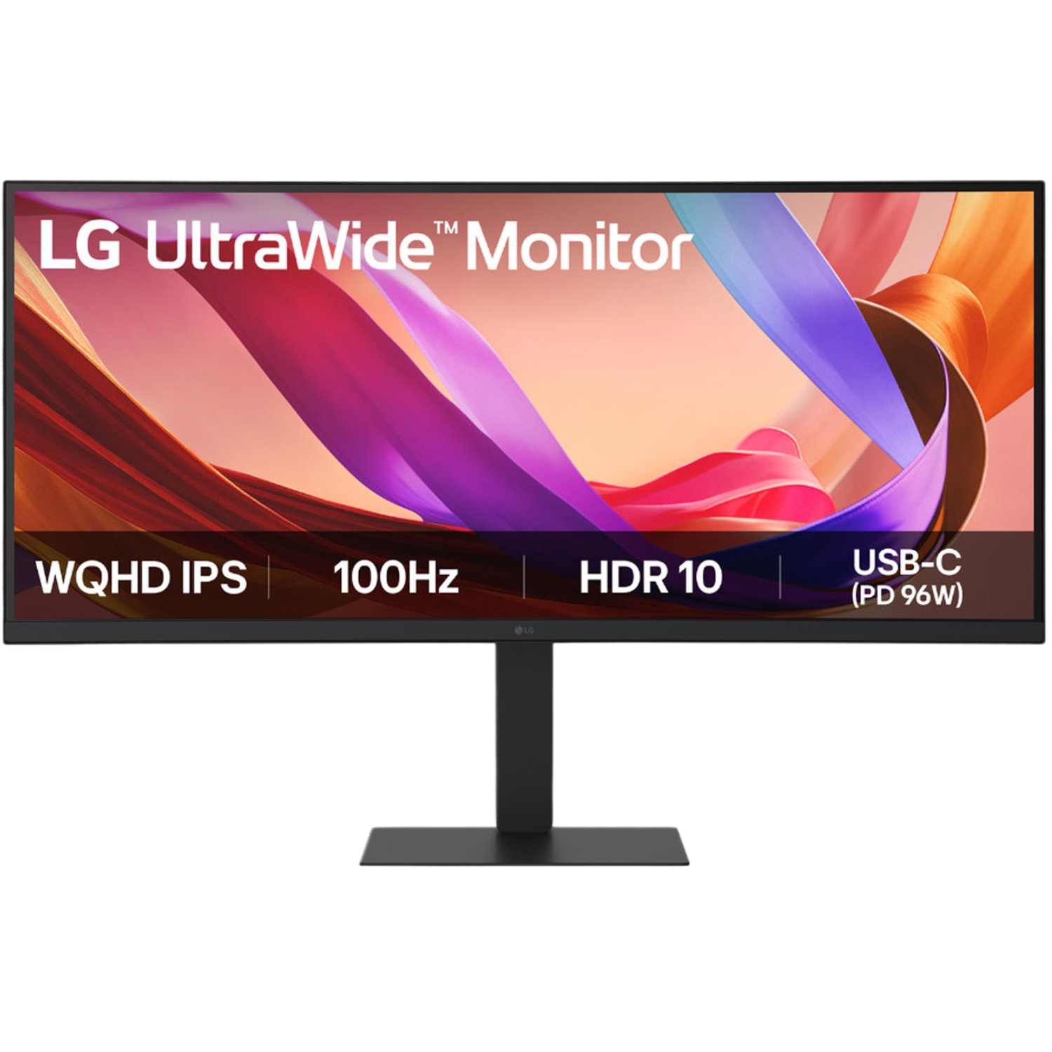 Een LG UltraWide monitor. Het heeft een zwarte standaard. Het scherm toont 'WQHD IPS', '100Hz', 'HDR 10' en 'USB-C'.