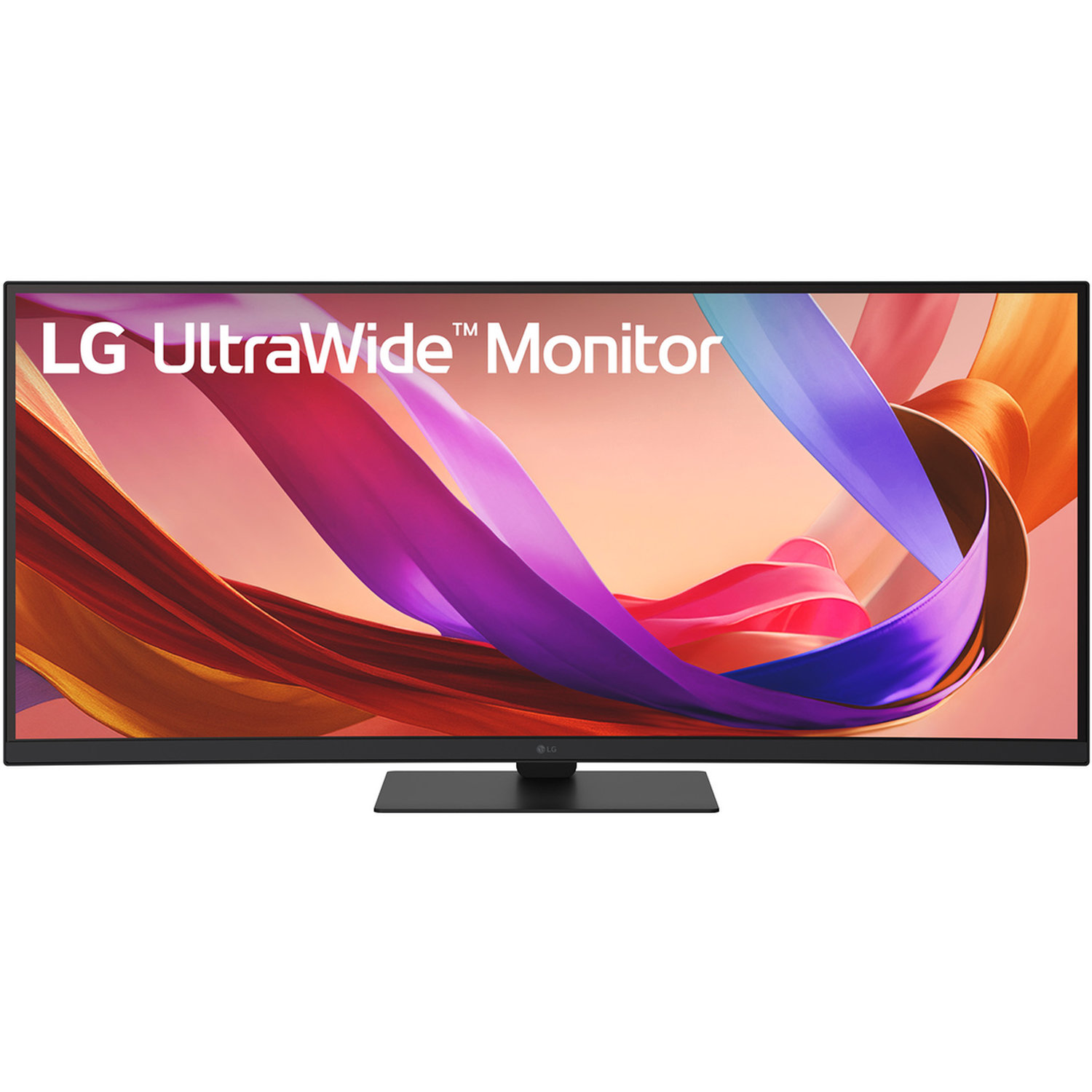 An LG UltraWide monitor, black frame, with a colorful abstract background. The monitor is on a black stand.
