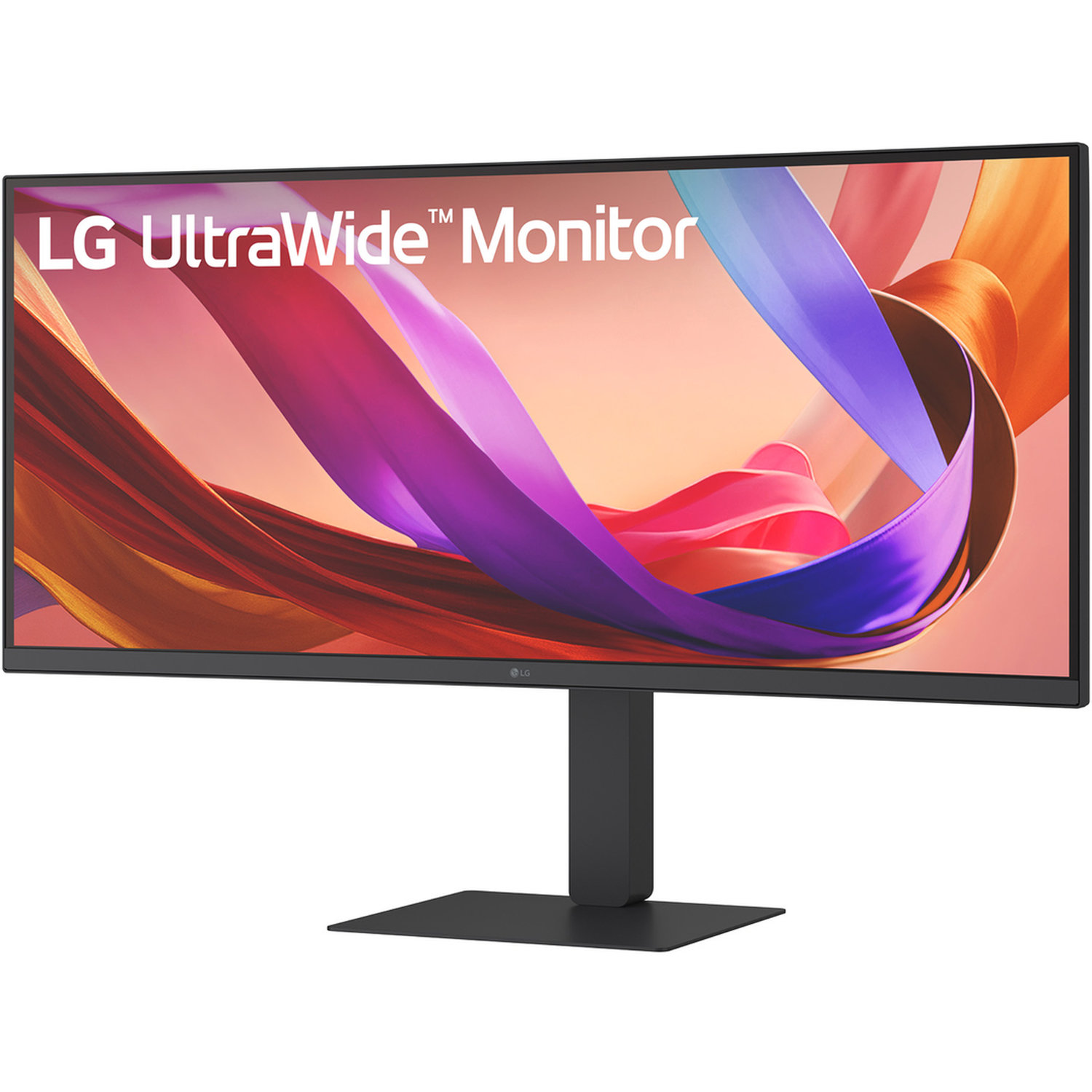 An LG UltraWide monitor. It has a curved screen. The display shows colorful abstract shapes. The stand and base are black.