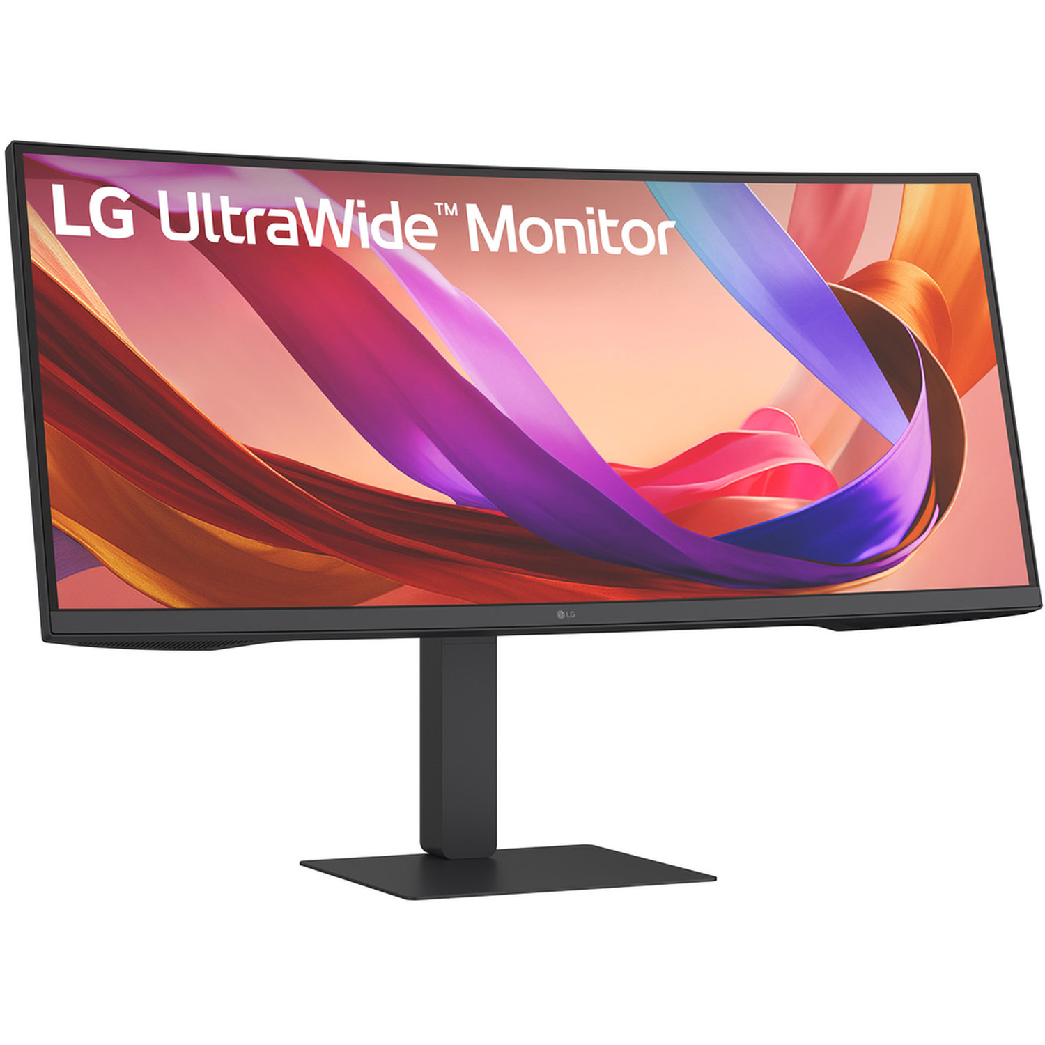 Curved LG UltraWide monitor. Display shows abstract colorful shapes. Black stand and base. White background.