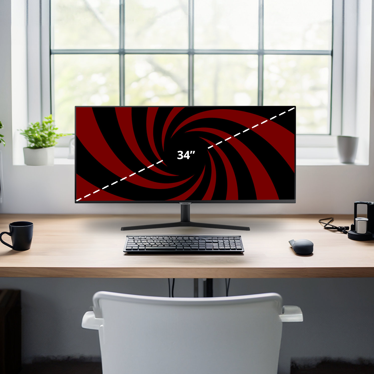 A desk with a computer monitor displaying a swirling red and black pattern. Keyboard, mouse, and a chair are in front of a window.