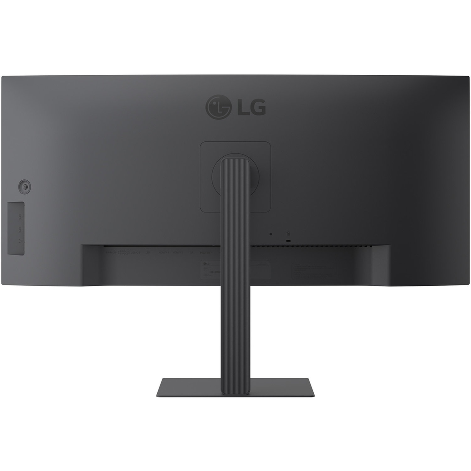 The back of a grey LG monitor is shown. It has a stand, ports, and the LG logo. The stand is rectangular, and the screen is wide.