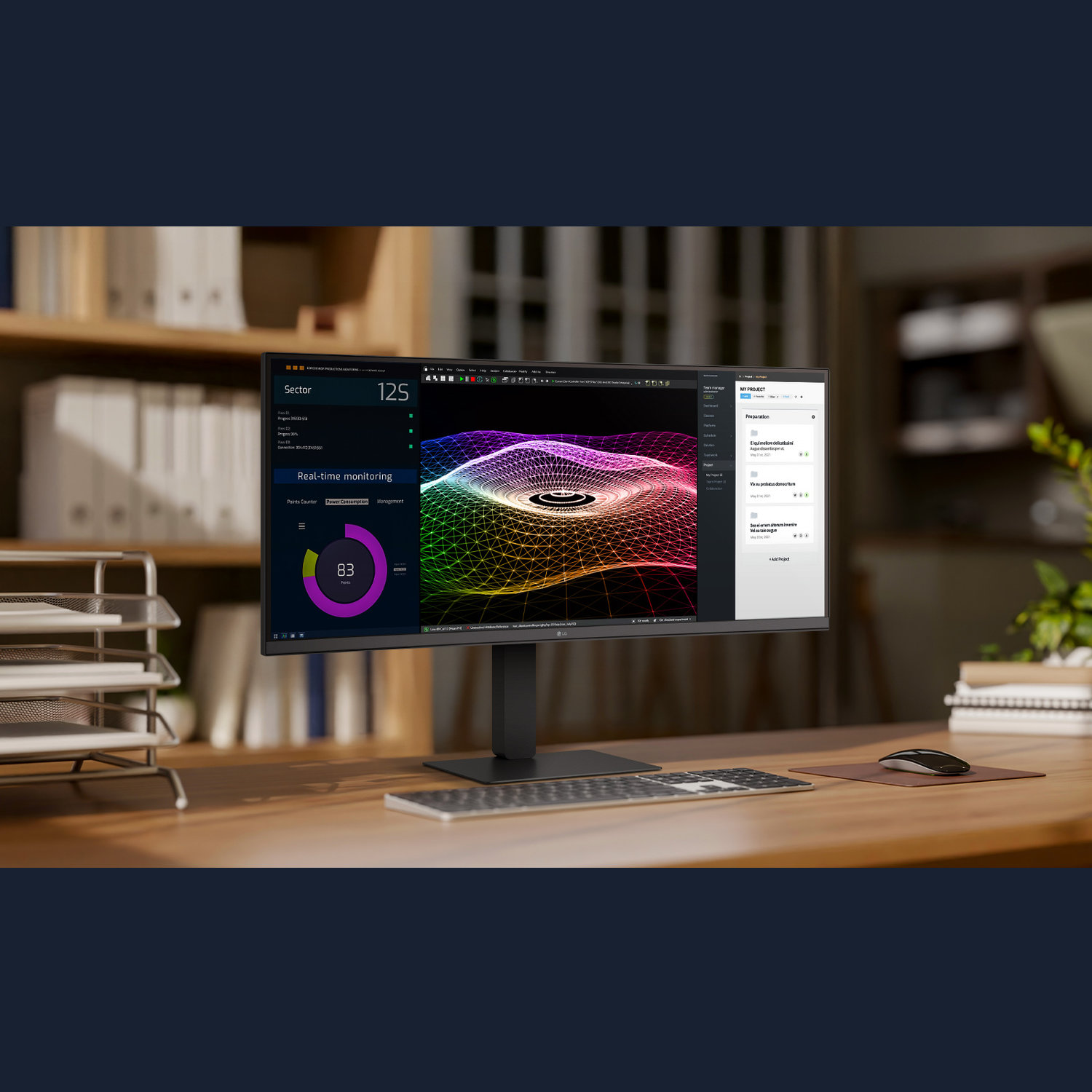 A computer monitor displays data visualization. A keyboard, mouse, and desk organizer sit on a wooden desk. Bookshelves are in the background.