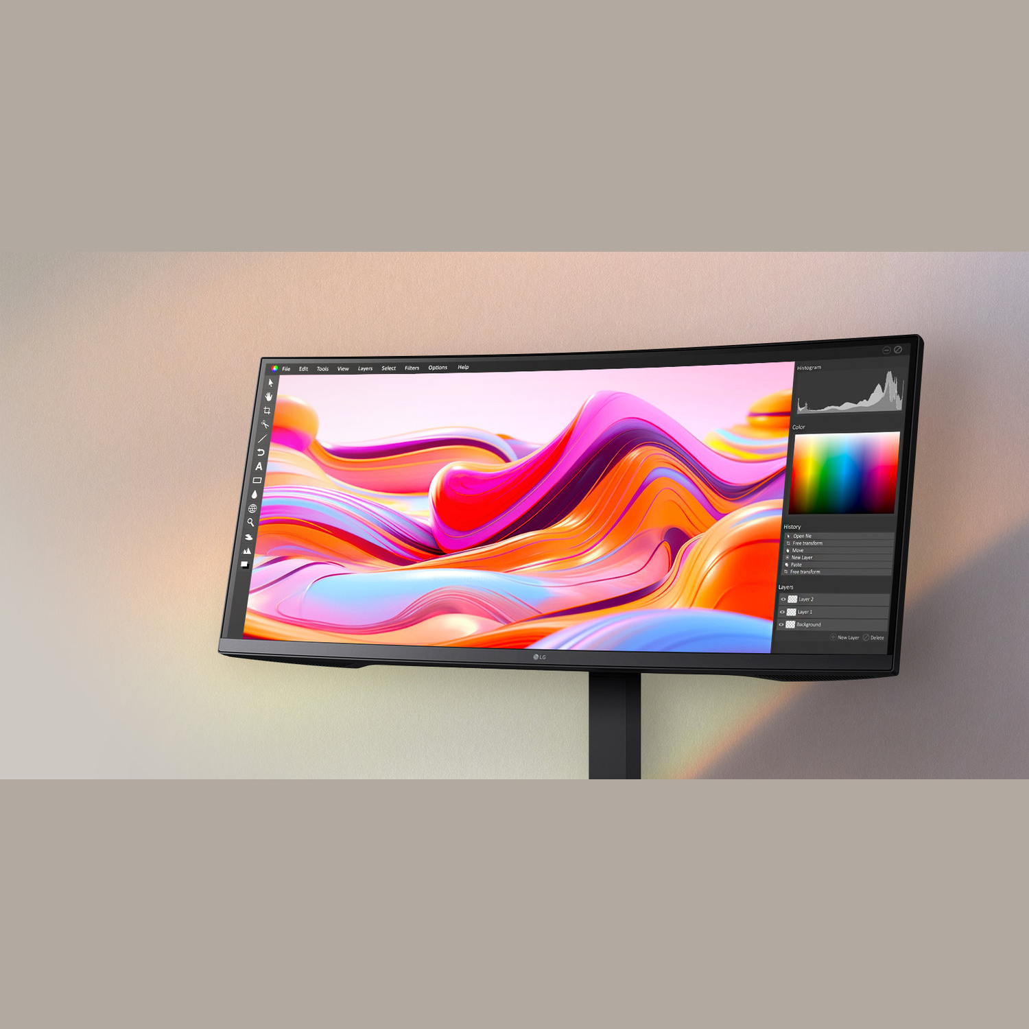 A curved LG monitor displays colorful abstract art. Photoshop tools are visible. Background is a gradient of beige and orange.