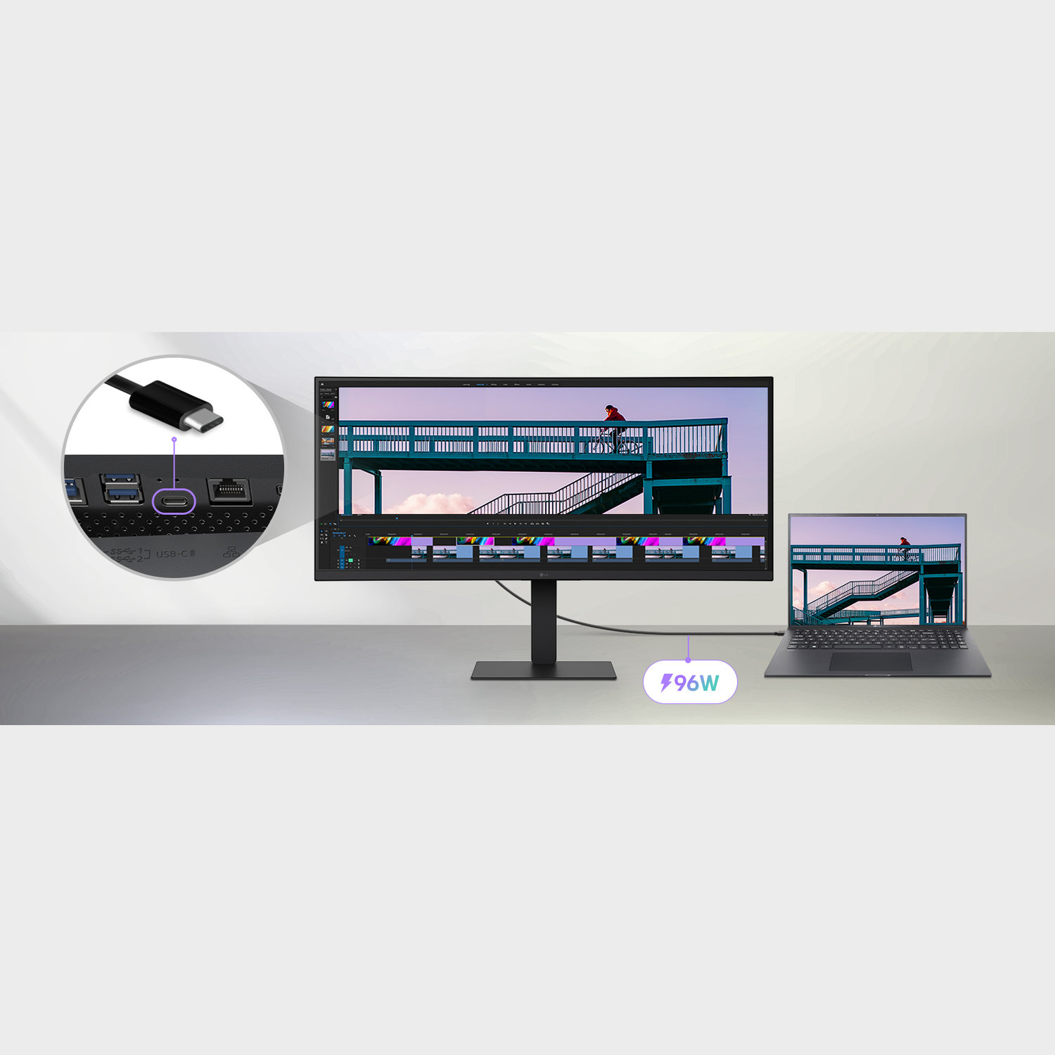 A monitor and laptop display the same image. A USB-C cable connects to the monitor and a 96W power icon is shown.