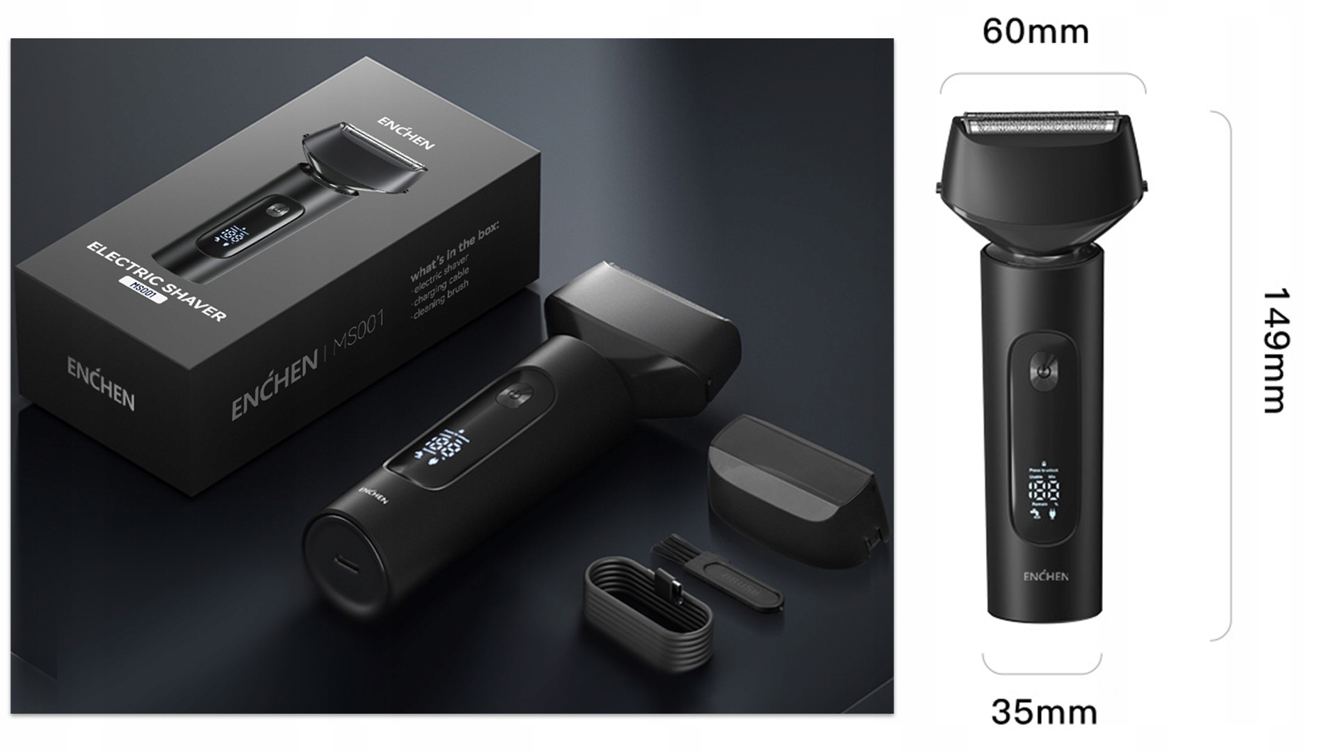 Czarna golarka elektryczna Enchen, pudełko i akcesoria są wyświetlane. Pokazano wymiary. Nazwa produktu to MS001. Zawiera kabel ładujący i szczotkę.