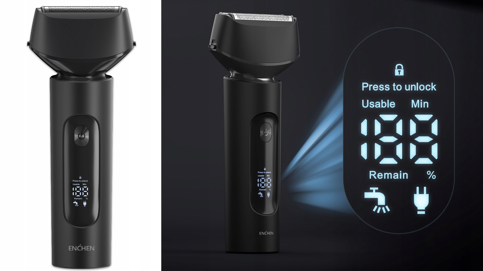 Czarna golarka elektryczna z wyświetlaczem pokazującym pozostały procent baterii i czas użytkowania. Widoczna jest nazwa marki 'ENCHEN'.