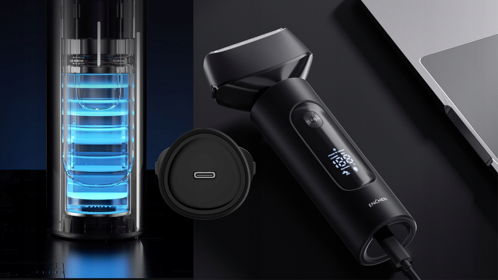 Czarna golarka elektryczna z podstawą ładującą i wskaźnikiem baterii. Z tyłu znajduje się laptop. Tło jest czarne.