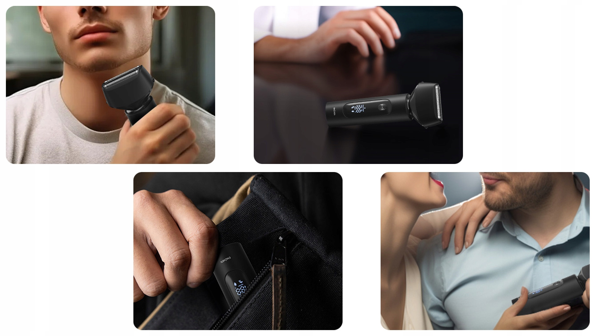 Różne sceny z czarnym urządzeniem do pielęgnacji. Mężczyzna goli się, inny trzyma je, jedno w kieszeni i para z bliska.