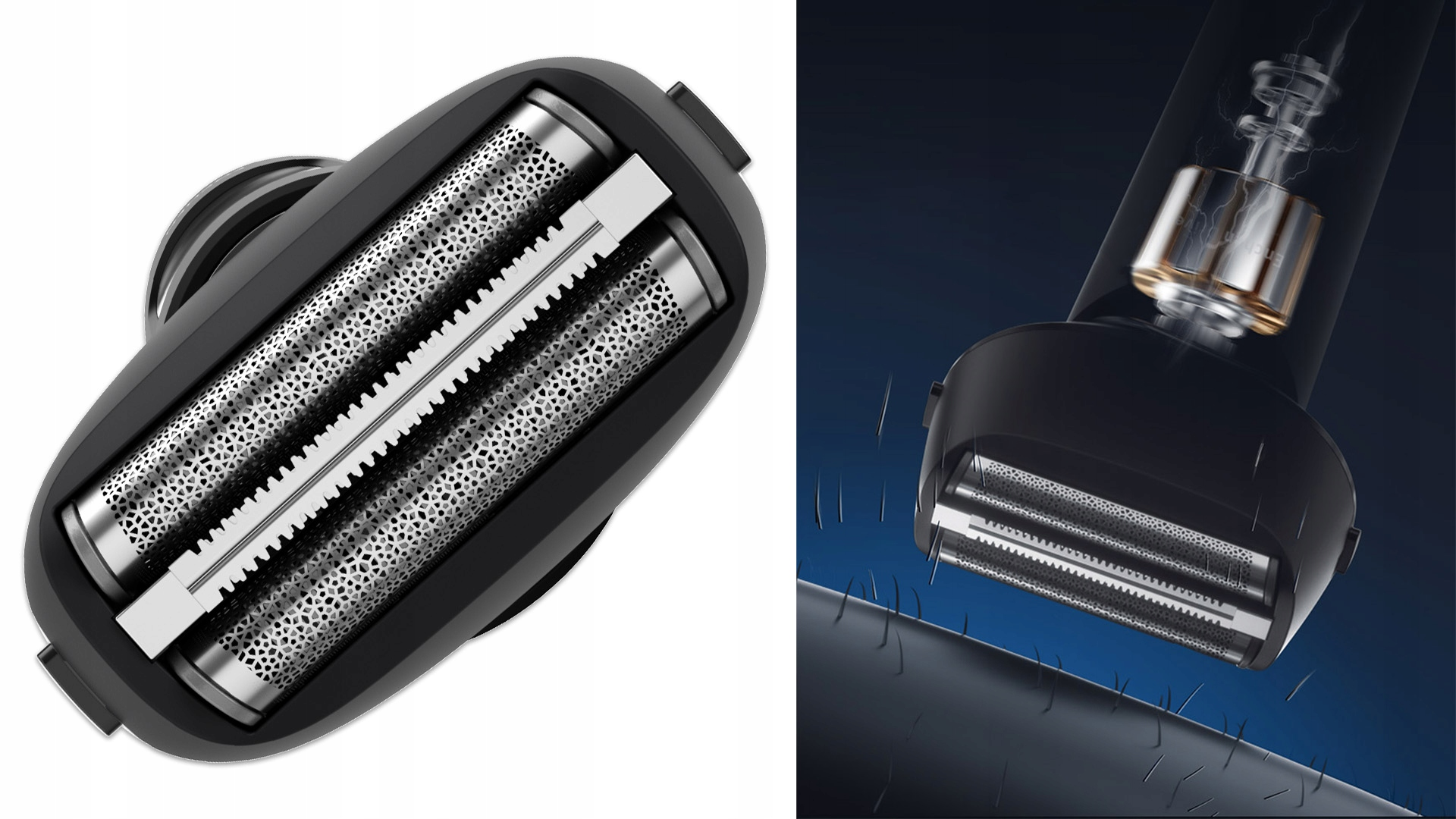 Zbliżenie czarnej golarki elektrycznej. Widoczne ostrza, perforowany metal i mechanizmy wewnętrzne. Włosy są ścinane.