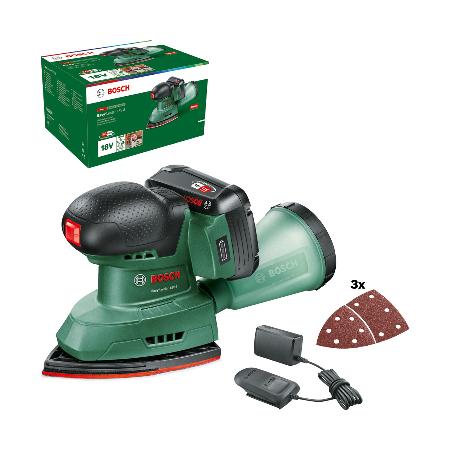 Bosch EasySander 18V-8 verde e nero, con accessori e scatola. Include carte vetrate, caricabatterie e batteria.