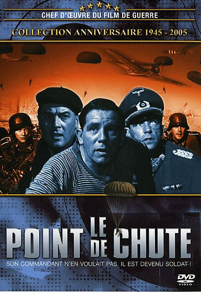 DVD-hoes voor de film 'Le Point de Chute'. Mannen in militaire uniformen, parachutes en een vliegtuig zijn zichtbaar. Tekst in het Frans.
