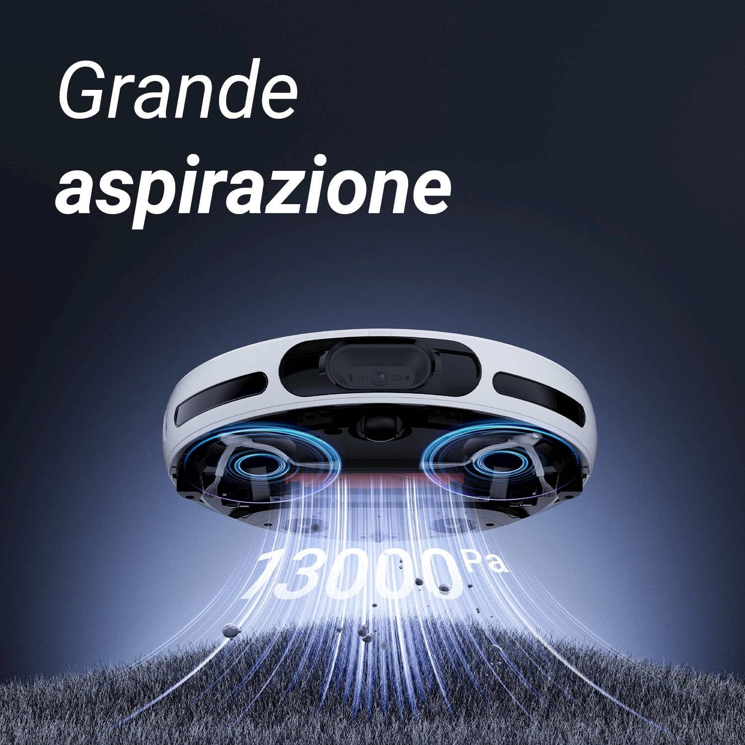 Un aspirapolvere bianco e nero con luci blu, con testo 'Grande aspirazione' e '13000 Pa' su sfondo scuro.