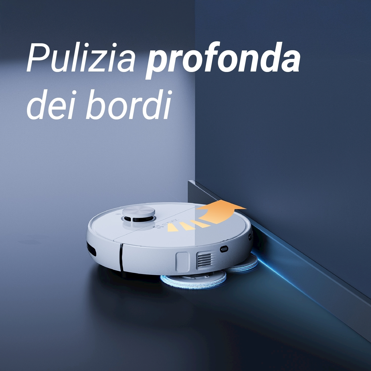 Un robot aspirapolvere pulisce vicino a un muro. Il testo recita 'Pulizia profonda dei bordi'. Una freccia indica la direzione di pulizia.