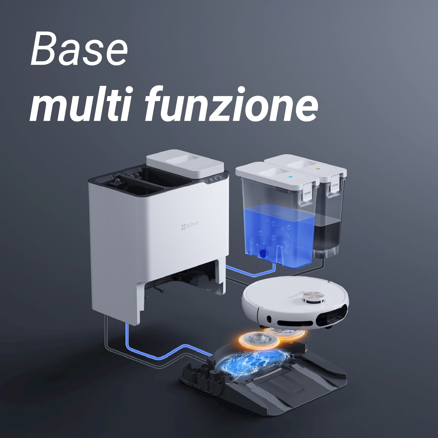 Un aspirapolvere robot bianco con una base multifunzione. La base ha una stazione di pulizia e serbatoi d'acqua. L'immagine è su sfondo grigio.