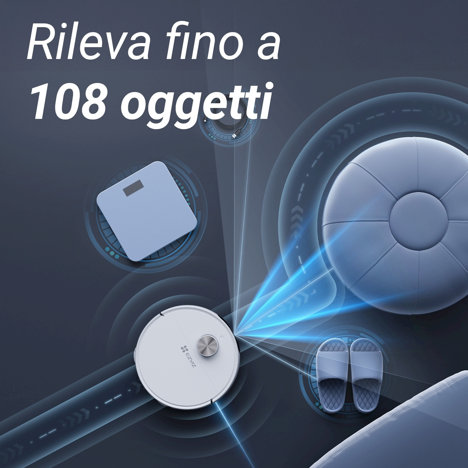 Un robot aspirapolvere rileva 108 oggetti. Vengono visualizzati una bilancia, delle pantofole e un oggetto rotondo. La scena è su uno sfondo blu scuro.