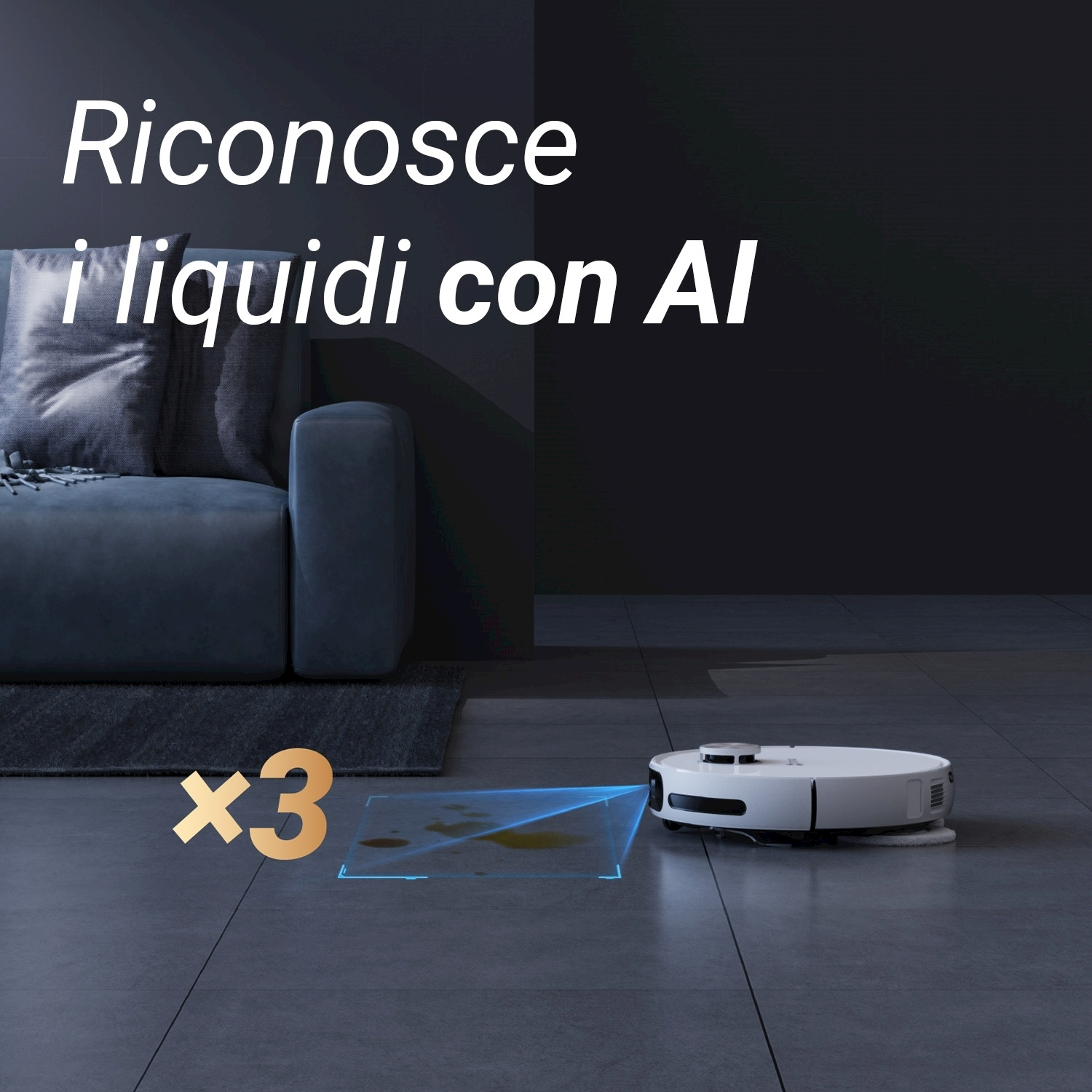 Un aspirapolvere robot bianco rileva liquidi su un pavimento piastrellato. Sullo sfondo è visibile un divano con testo sopra.