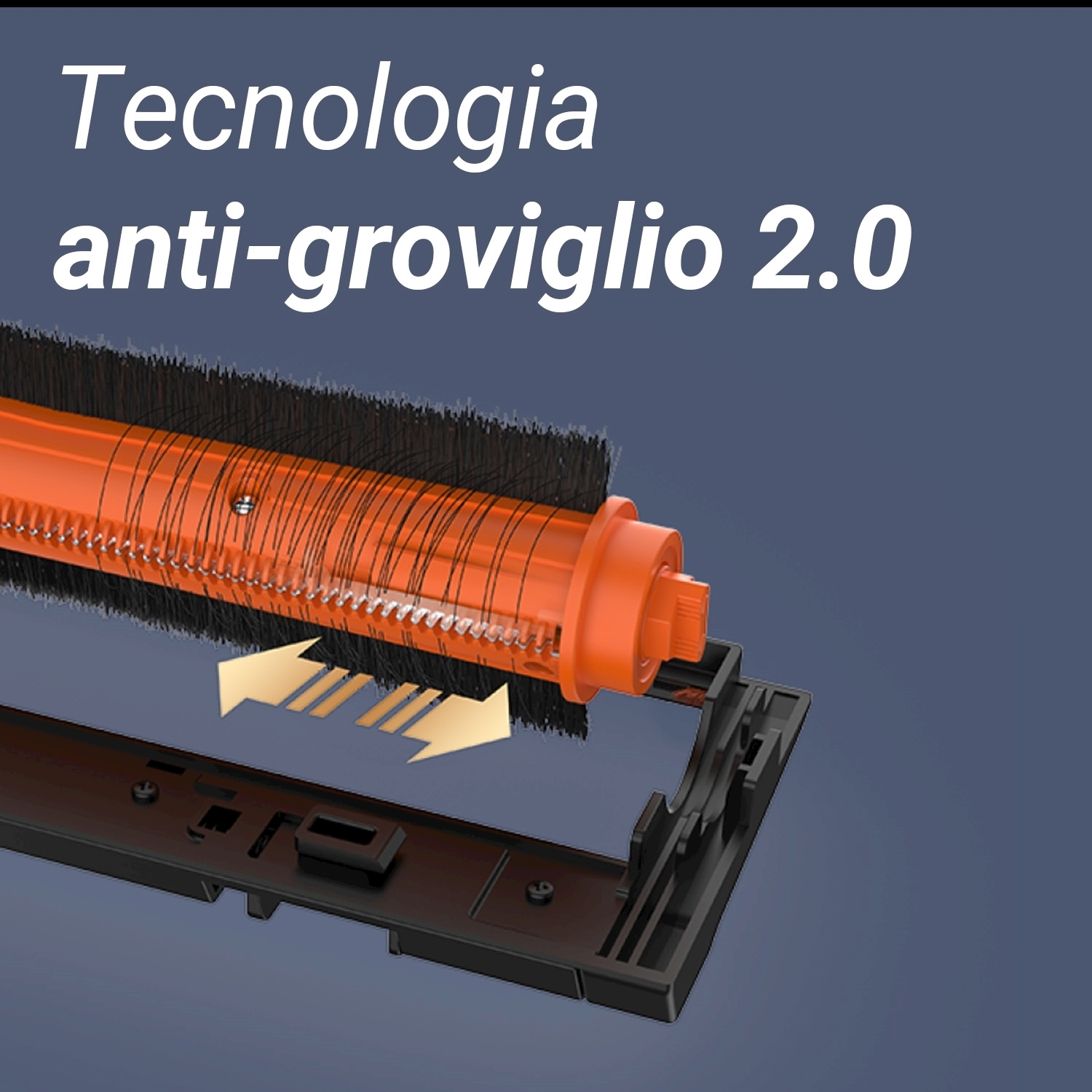 Un componente di aspirapolvere arancione e nero con frecce che indicano il movimento. Il testo recita 'Tecnologia anti-groviglio 2.0'.