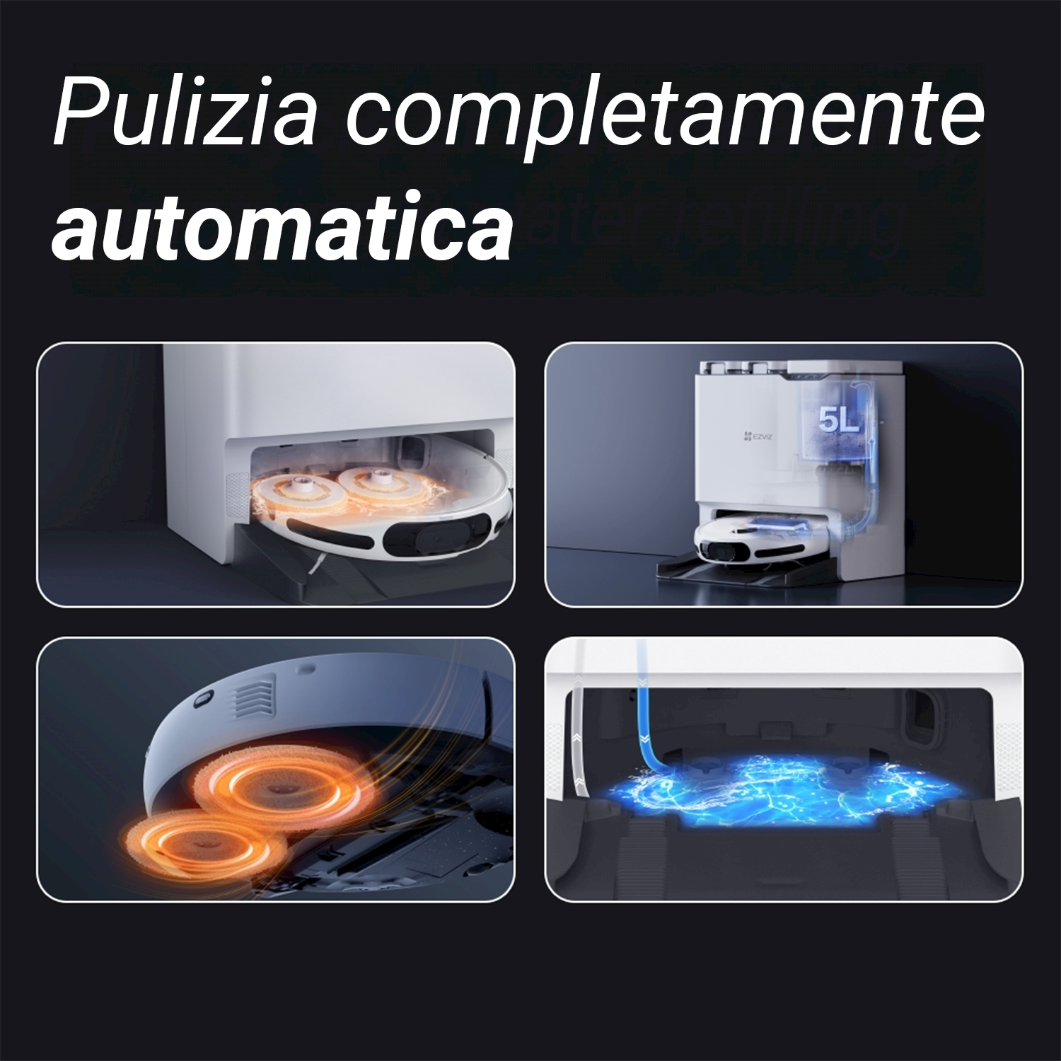 L'immagine mostra un robot aspirapolvere con pulizia automatica. Ha una stazione di pulizia, panni e un serbatoio d'acqua.