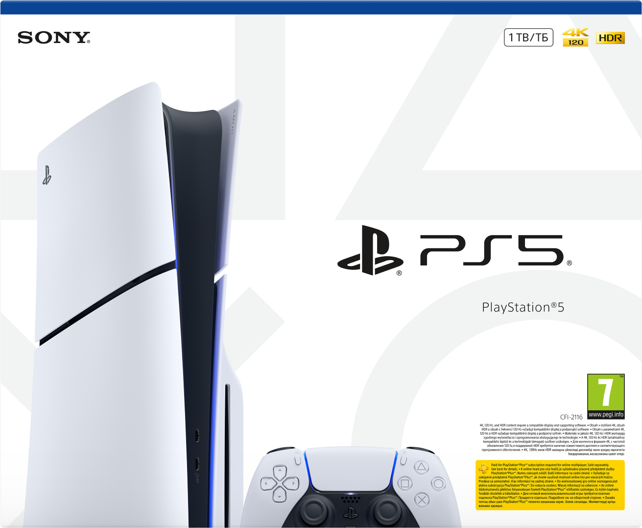 Pudełko konsoli PlayStation 5 z kontrolerem na pierwszym planie. Zawiera konsolę i kontroler.