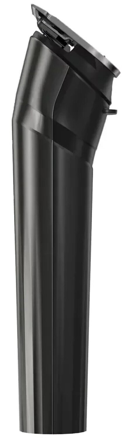 Czarna golarka elektryczna, o zakrzywionym korpusie. Górna część posiada głowice. Tło jest białe.