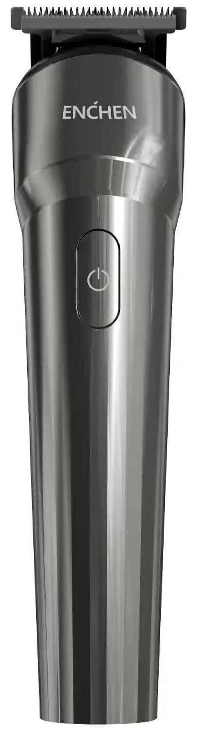 Srebrna maszynka do włosów z marką 'ENCHEN'. Posiada przycisk zasilania i czarne ostrze tnące.