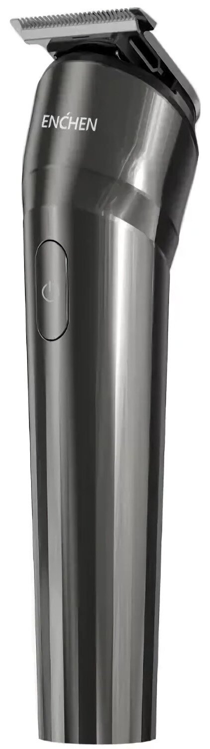 Srebrno-czarna maszynka do włosów Enchen. Ma przycisk zasilania. Ostrza są widoczne na górze.