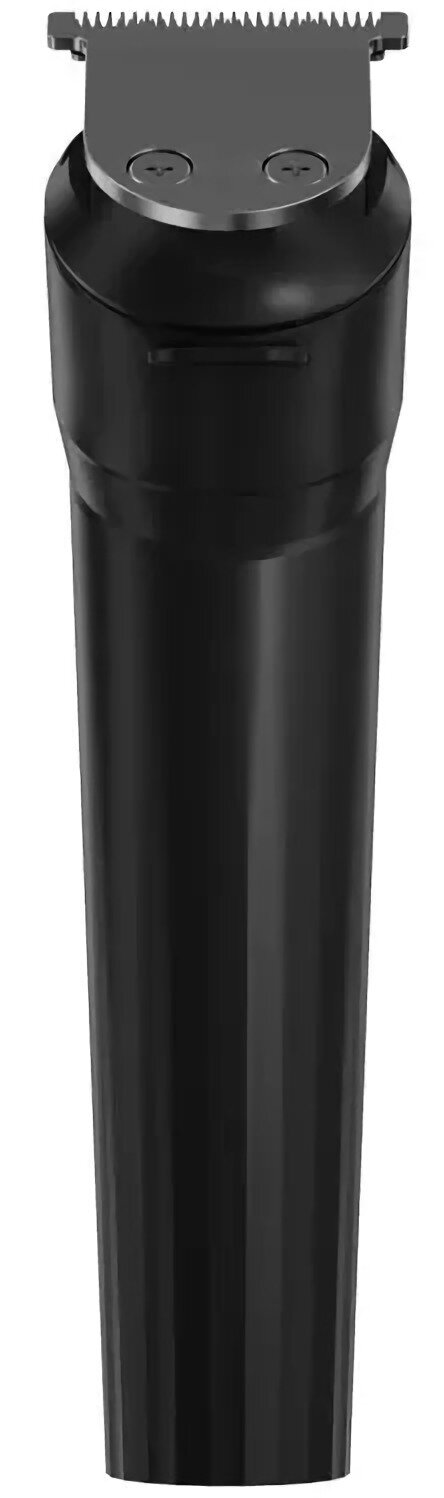 Czarna golarka elektryczna. Ma ostrze u góry i długi, cylindryczny korpus.