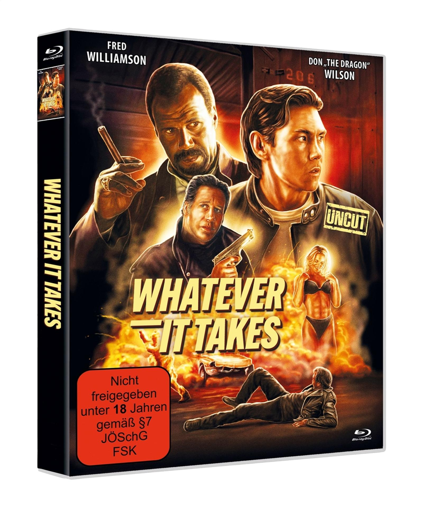 Filmcover: Männer mit Waffen und eine Frau im Bikini. Titel: Whatever It Takes. Mit Fred Williamson und Don Wilson.