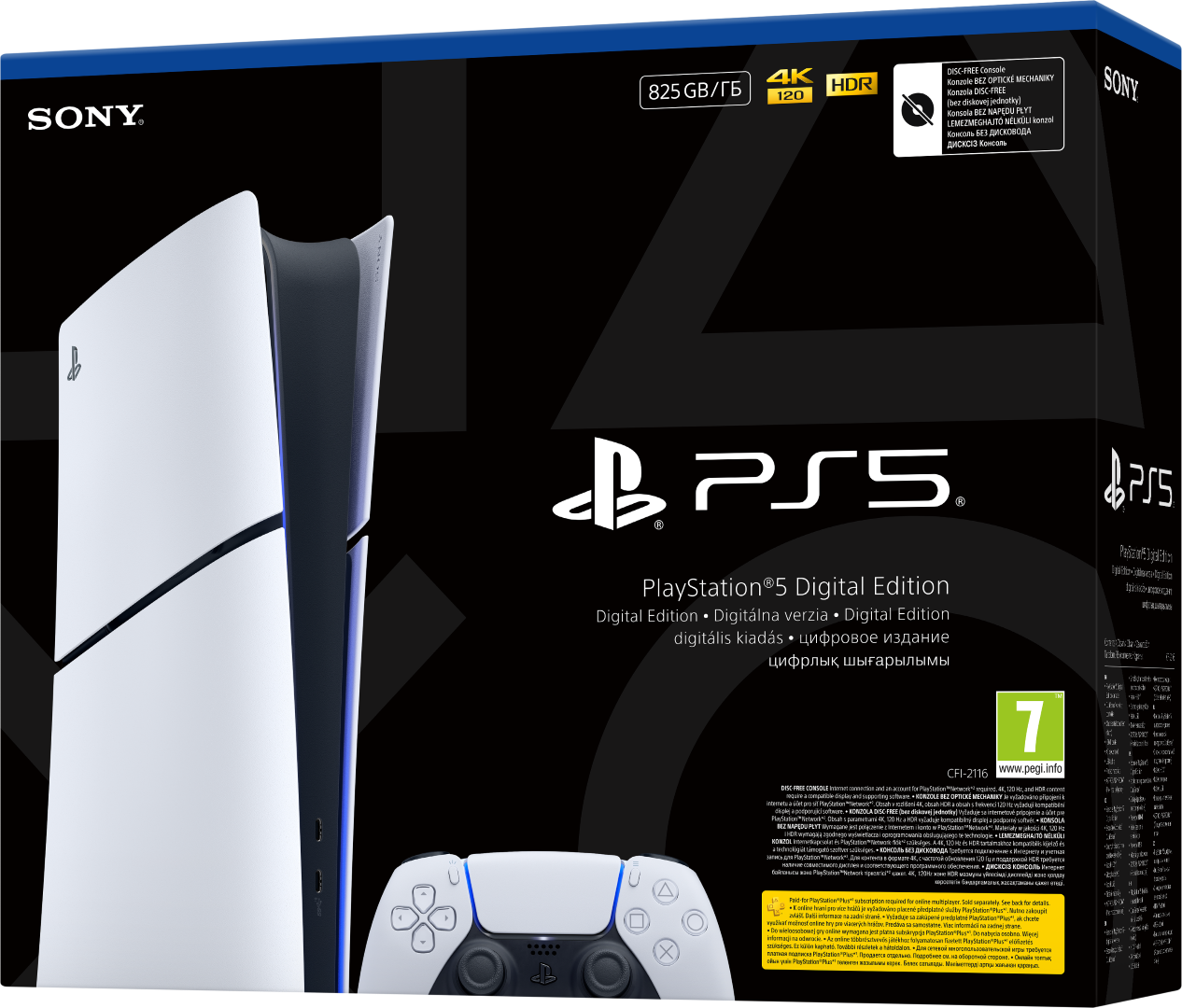 Pudełko PlayStation 5 Digital Edition. Obraz konsoli na pudełku. Biało-czarny design. Obraz kontrolera.