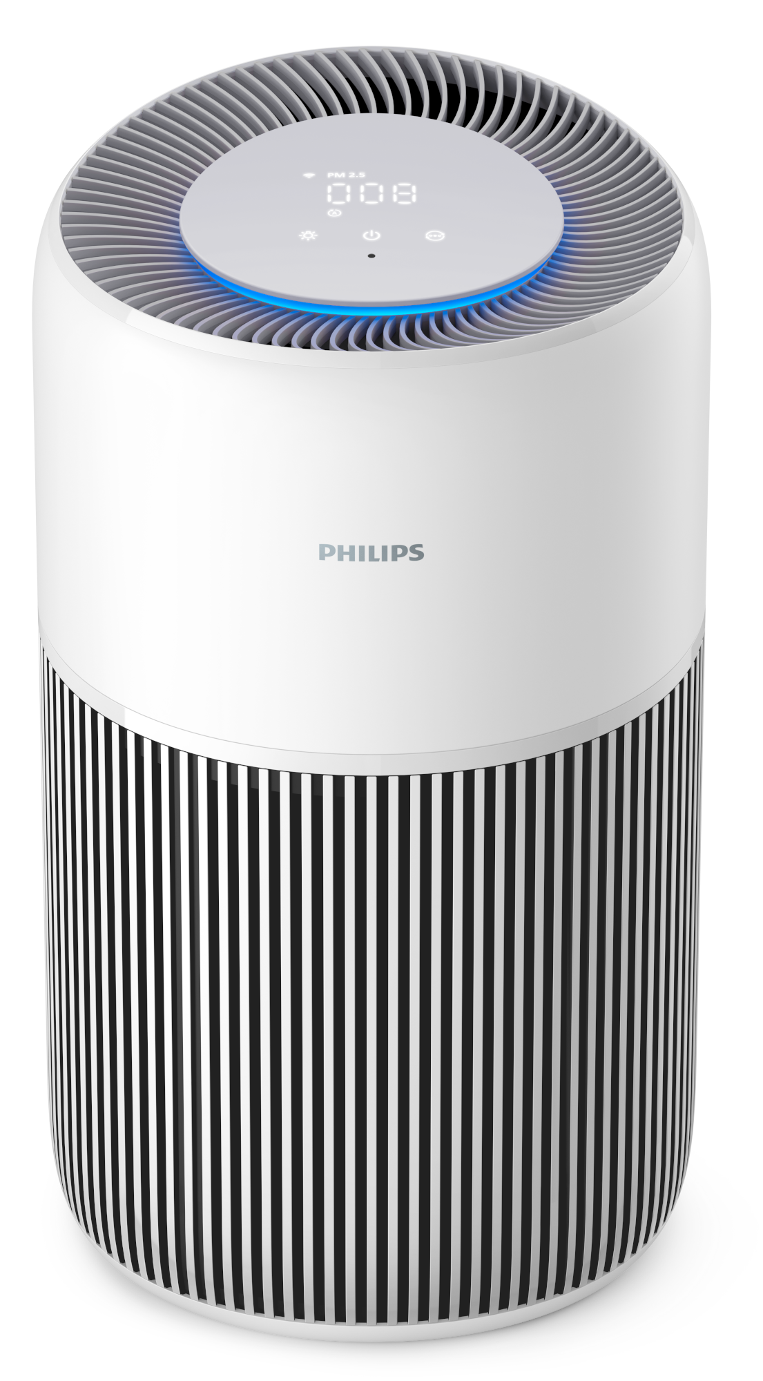 Fehér Philips légtisztító csíkos alsó résszel. PM 2,5 szintet és vezérlőikonokat jelenít meg.