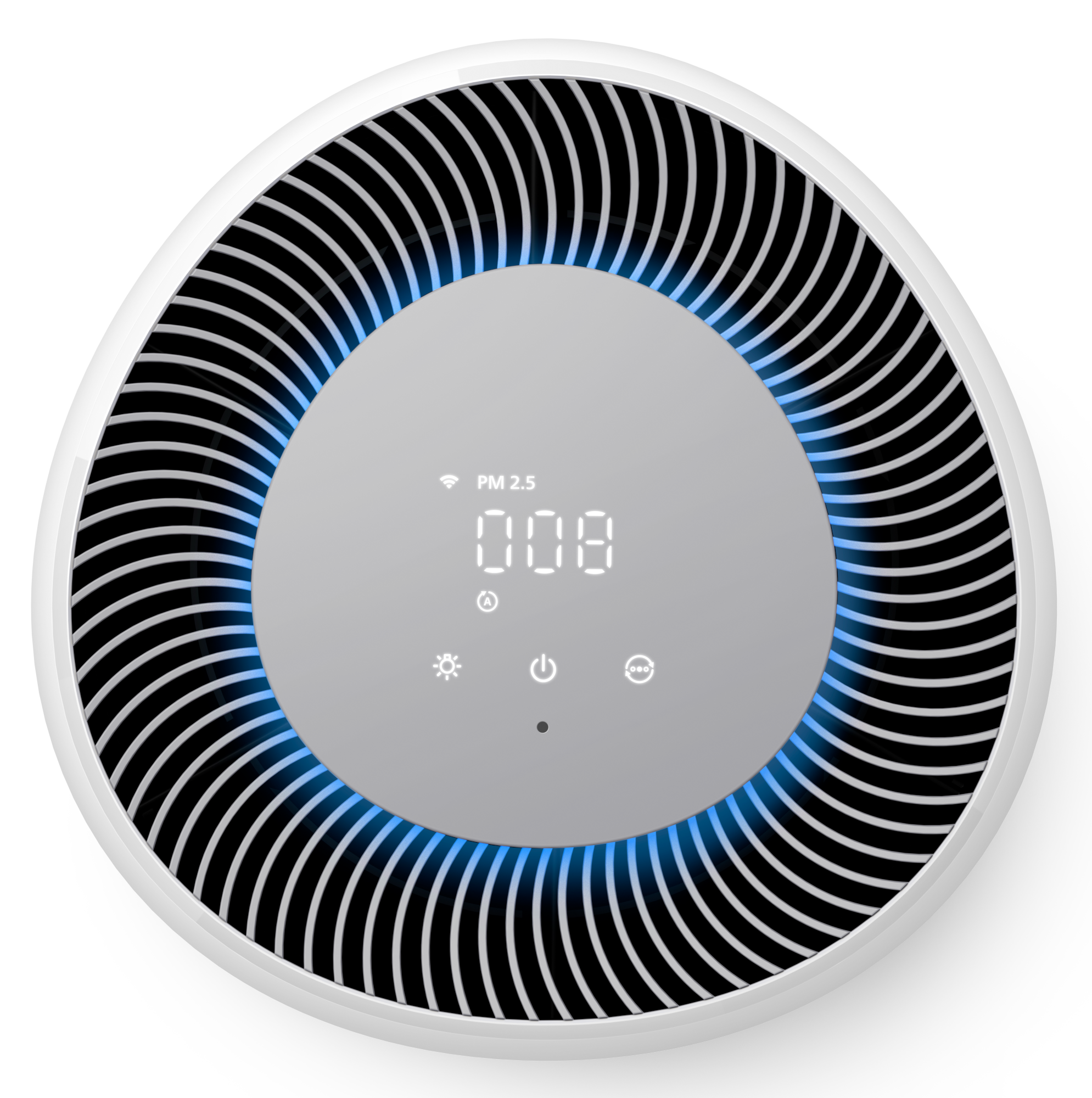 Kerek légtisztító fehér külsővel, fekete szellőzőkkel, '008' digitális kijelzővel. Kék fény a szélen.