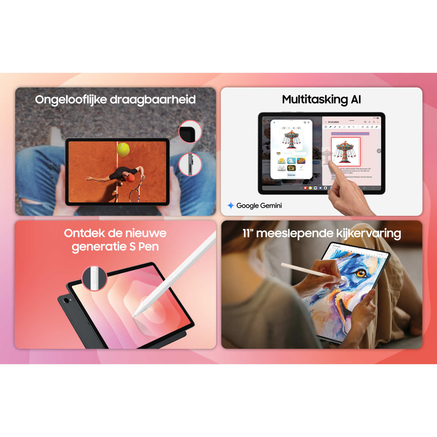 Een tablet met functies: draagbaarheid, multitasking AI, nieuwe S Pen-generatie en 11" meeslepende weergave. Demonstraties worden getoond.