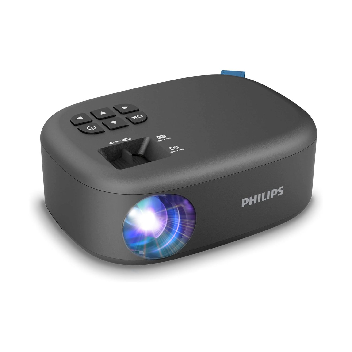 Un proiettore Philips grigio scuro su sfondo bianco. Ha pulsanti di controllo e una lente che emette una luce brillante e colorata.