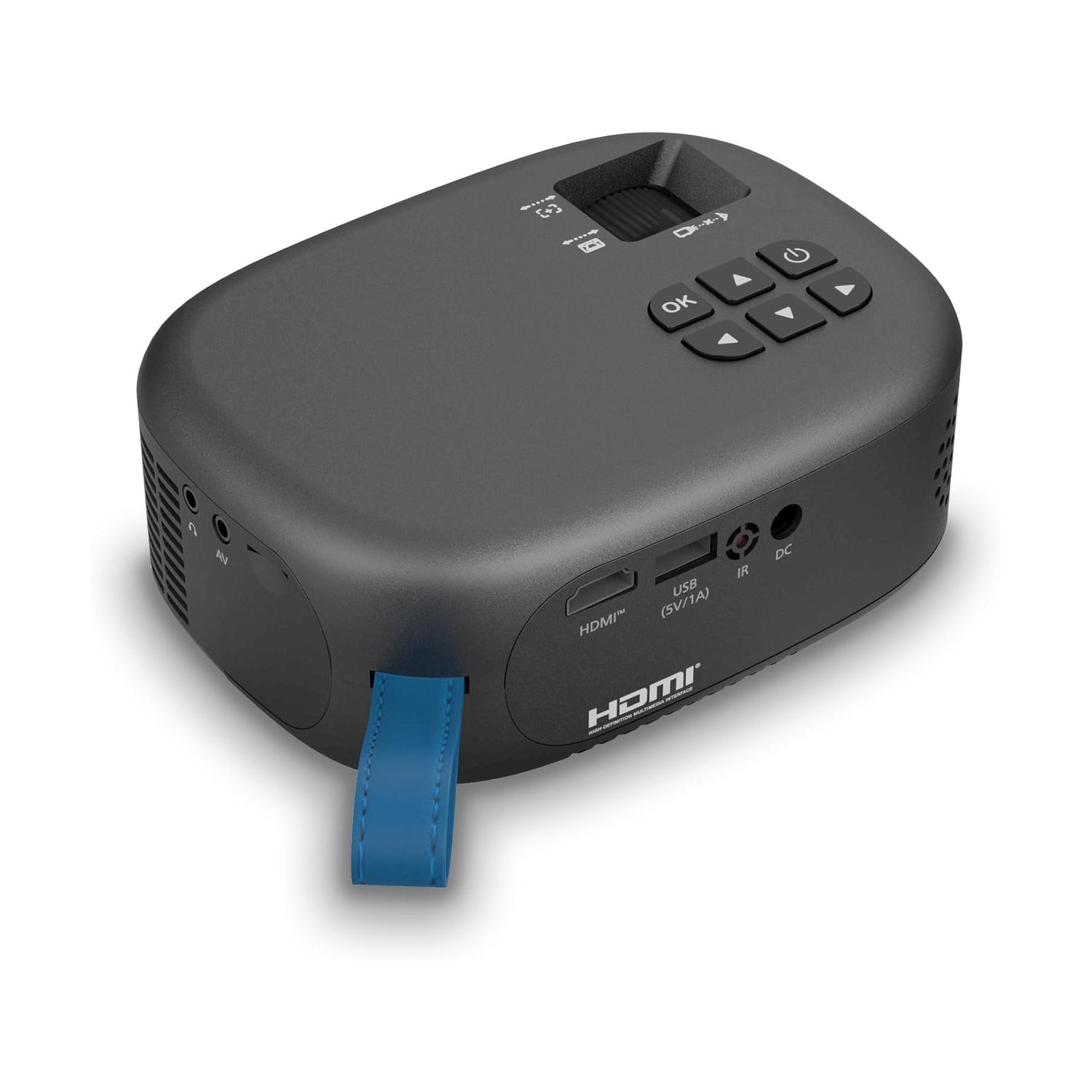Un proiettore nero con pulsanti e porte. Ha un cinturino blu e il logo HDMI. Lo sfondo è bianco.