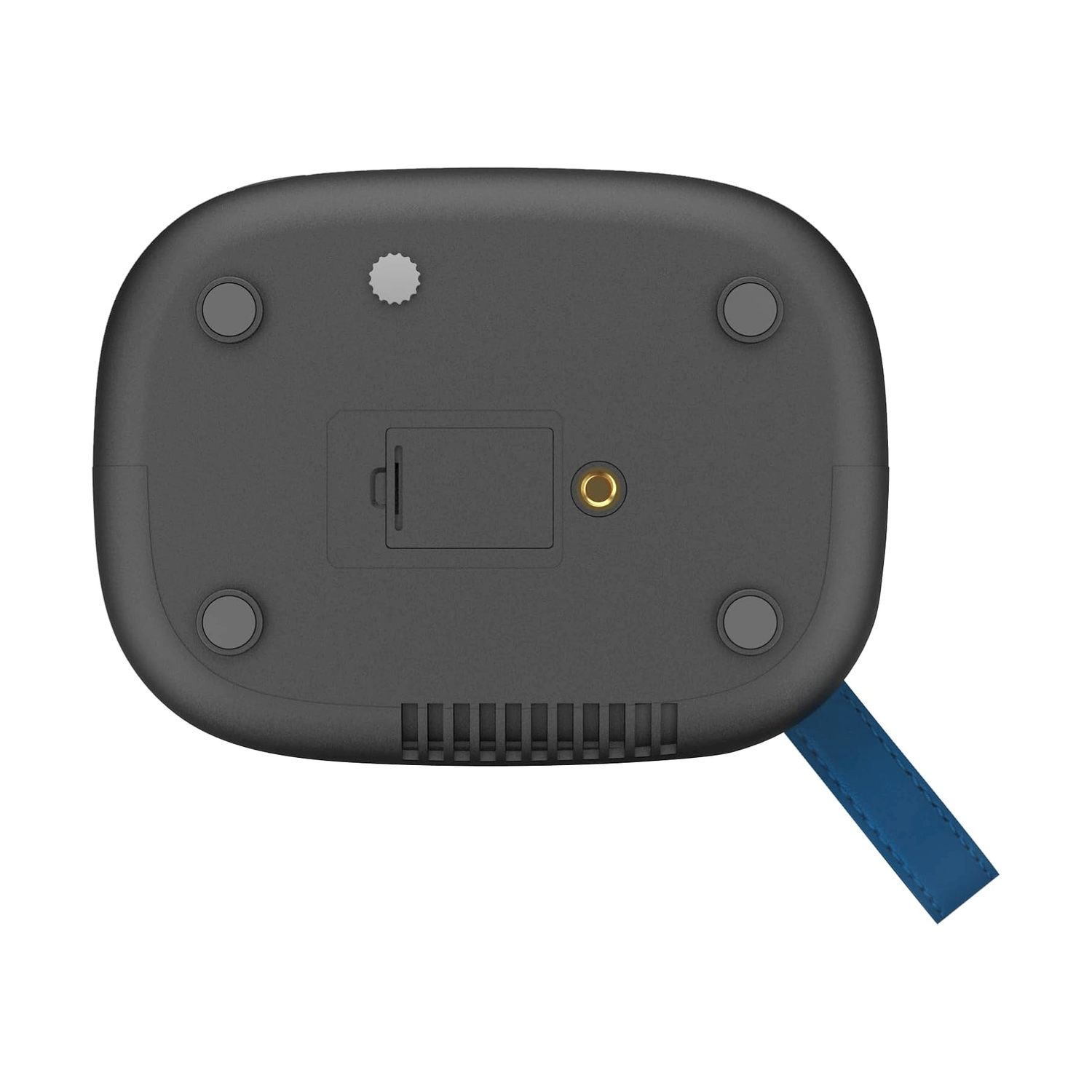 Un dispositivo grigio scuro con bordi arrotondati. Ha diversi piedini circolari e un cinturino blu. Include porte e un pulsante.