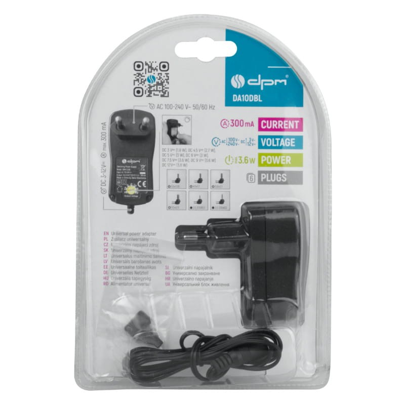 Czarny uniwersalny zasilacz w przezroczystym plastikowym opakowaniu, z informacjami o napięciu i prądzie.