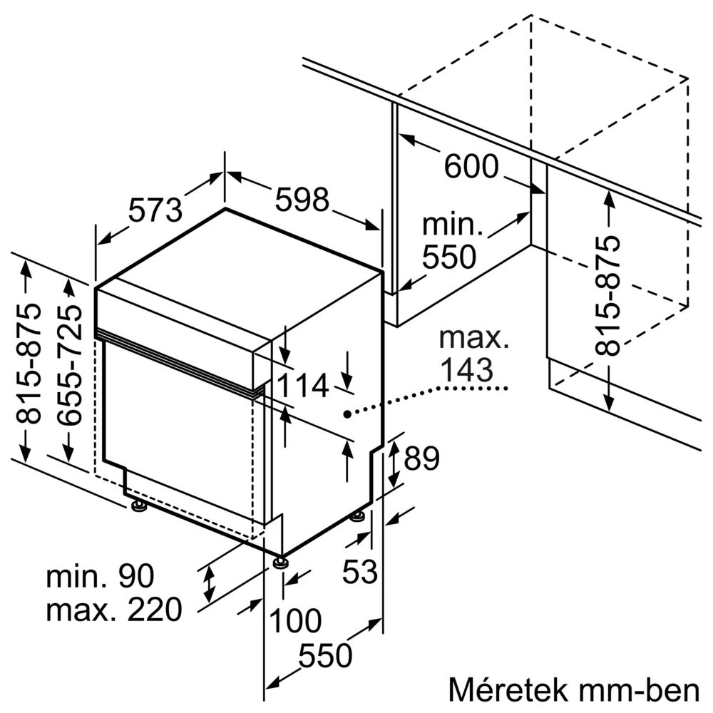 Mosogatógép diagramja milliméteres méretekkel. Magasság-, szélesség- és mélységméréseket mutat a telepítéshez.
