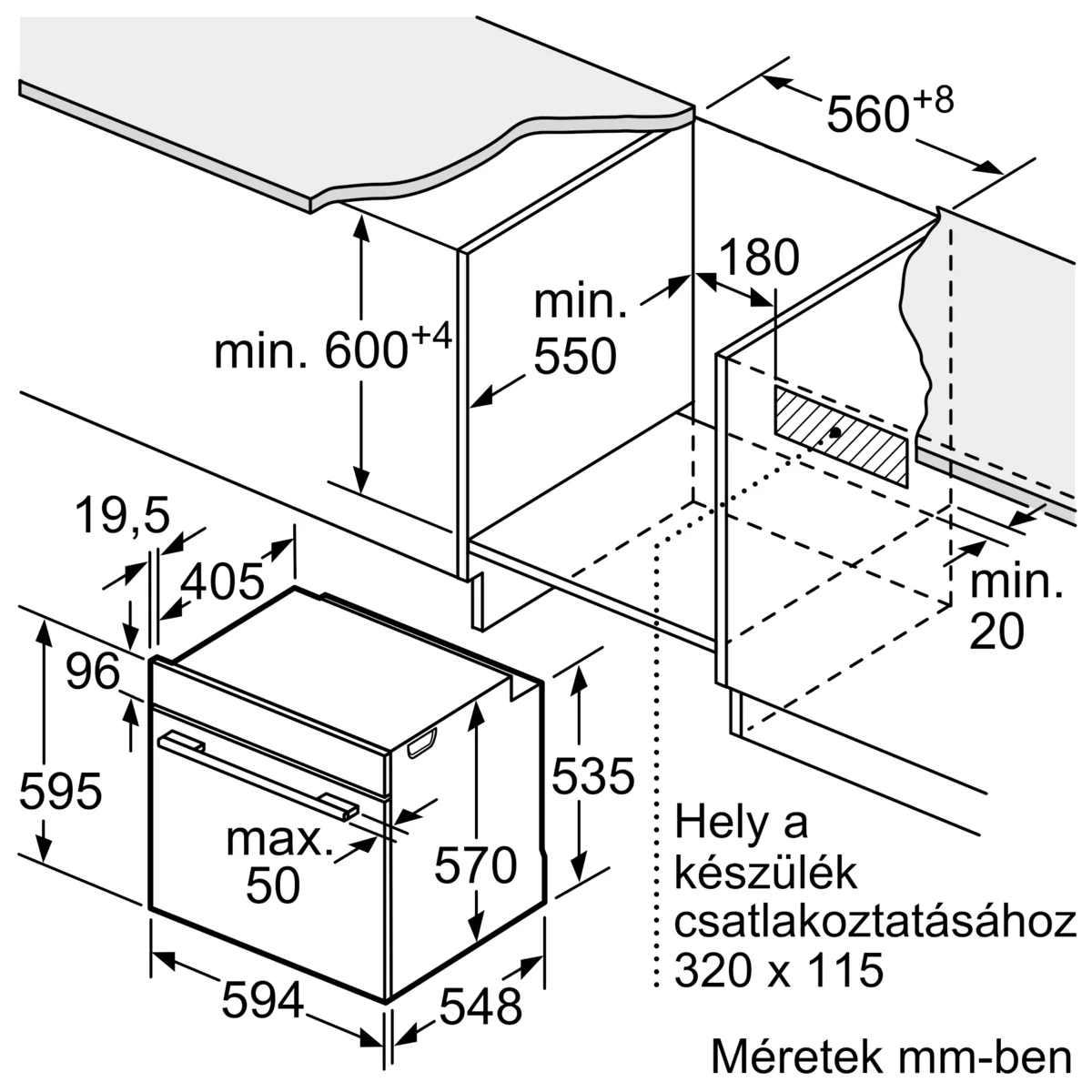 Beépíthető sütő diagramja milliméteres méretekkel, beleértve a magasságot, szélességet és mélységet, szöveges címkékkel és nyilakkal.