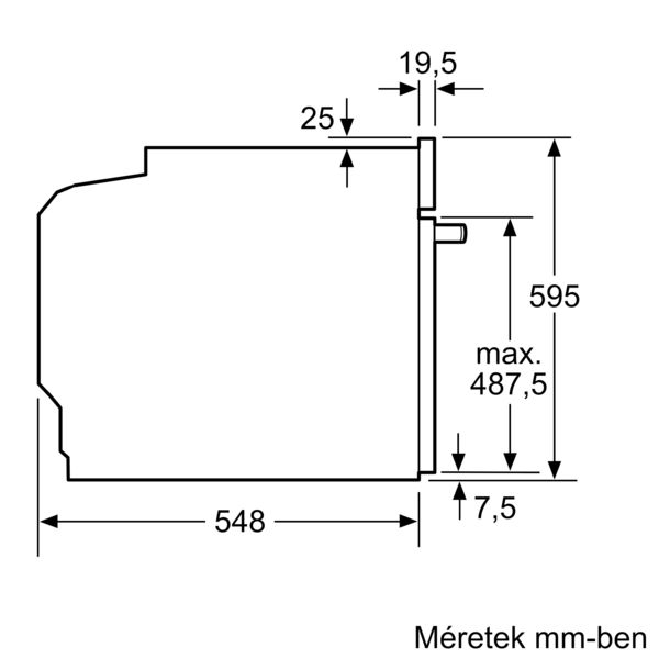 Sütő műszaki rajza, méretekkel milliméterben: 548 mm széles, 595 mm magas, különböző mélységekkel, 'Méret mm-ben' felirattal.