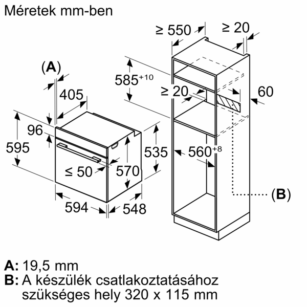 Diagram a beépített sütő méreteiről mm-ben. Tartalmazza a sütő és egy külön rekesz méreteit.