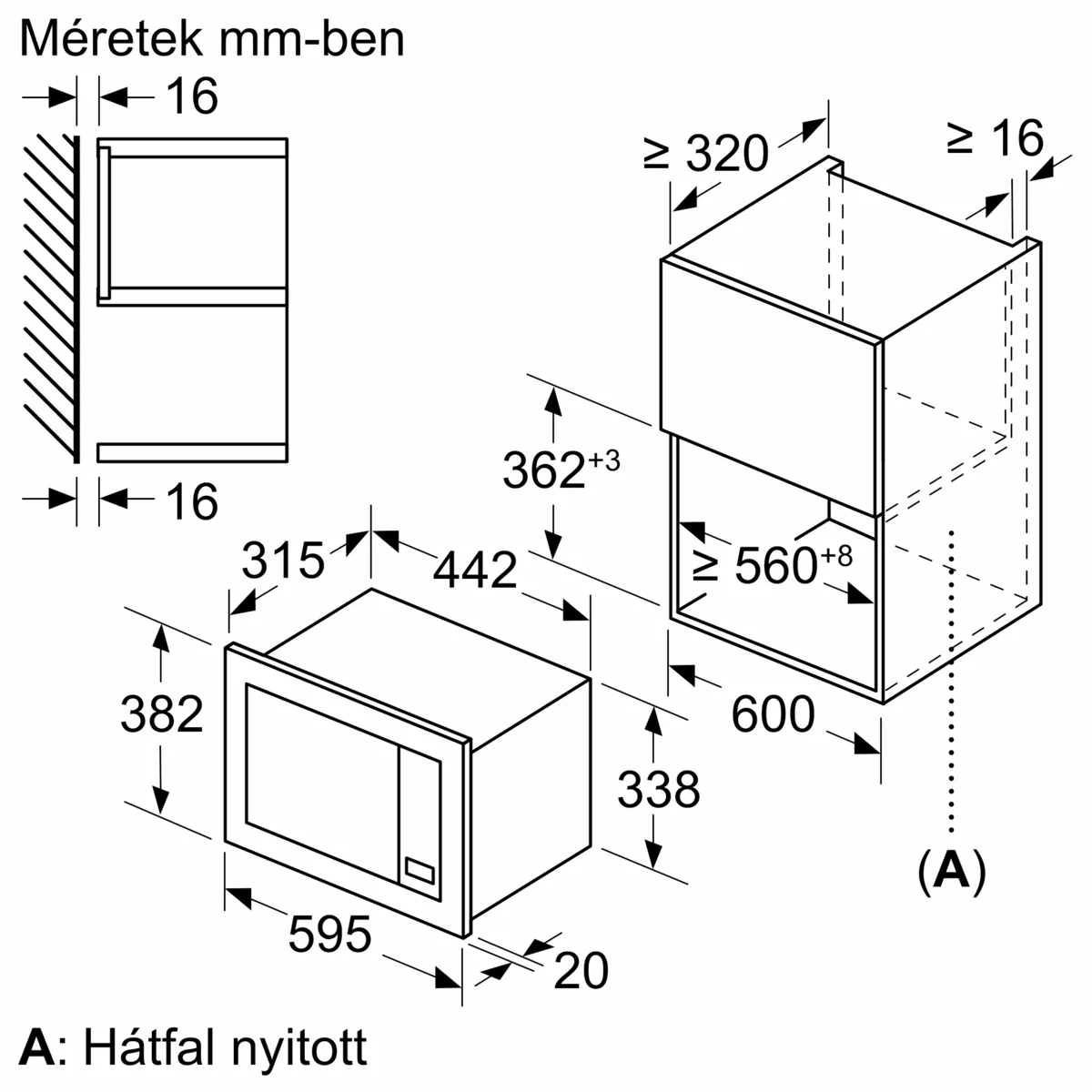 A beépített mikrohullámú sütő és a beépítési hely méreteit mm-ben ábrázoló diagram, különböző méretekkel.
