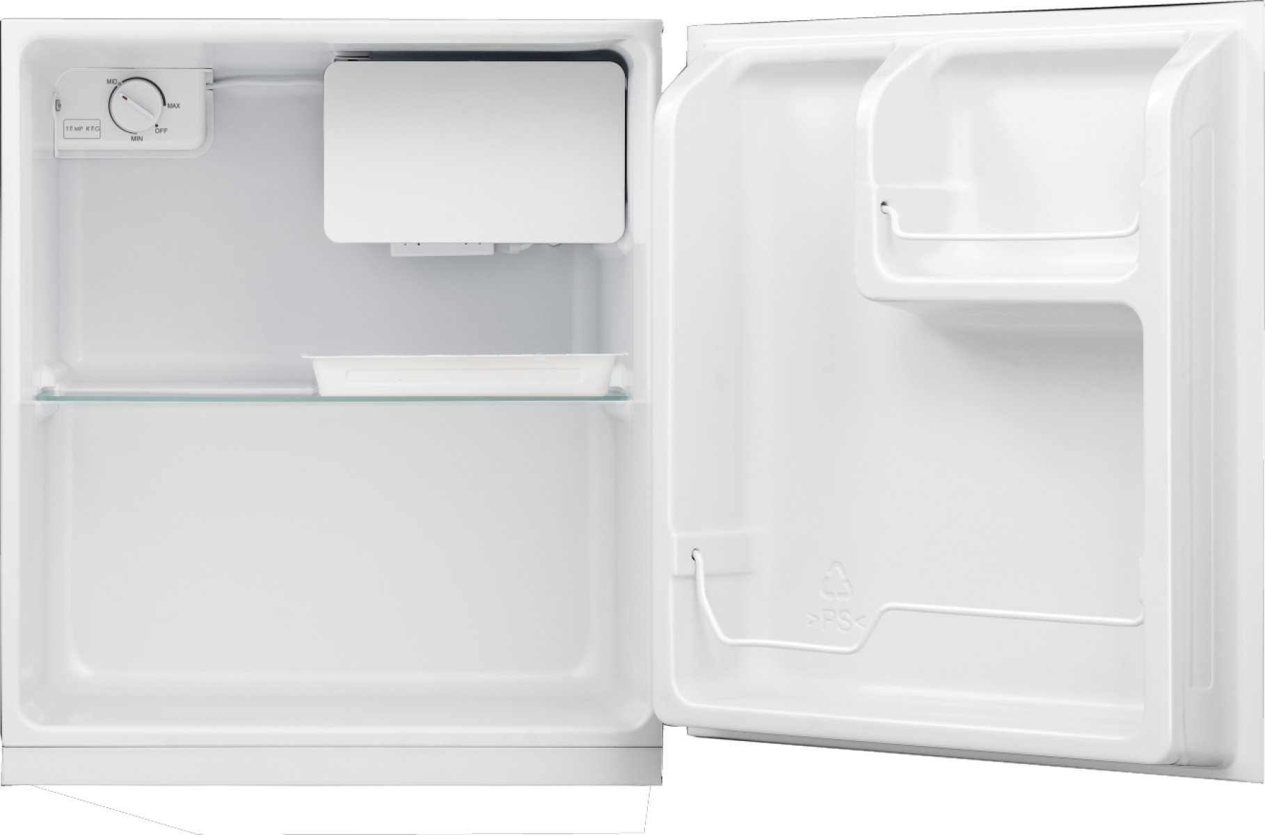 Otwarta, pusta, biała mini-lodówka. Wewnątrz półka, przegrody drzwi i pokrętło regulacji temperatury.