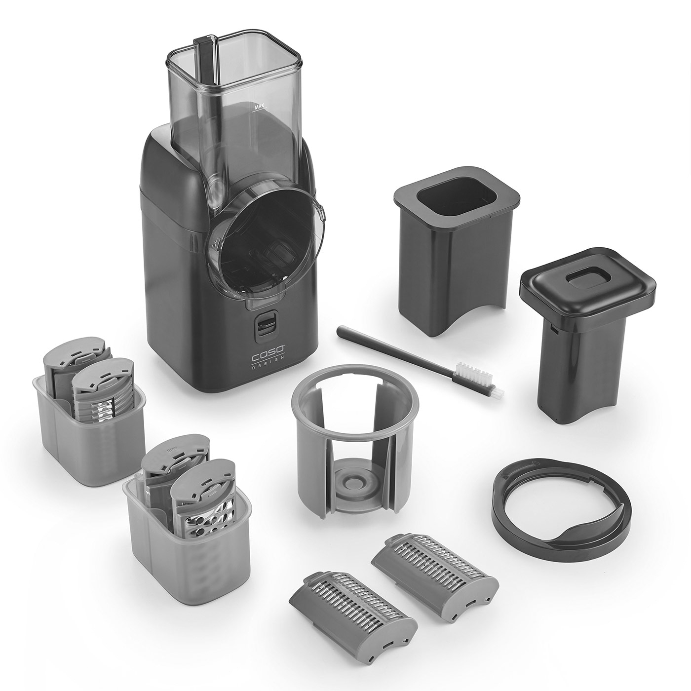 Zdemontowany elektryczny robot kuchenny z wieloma częściami, w tym jednostką główną, pojemnikami i ostrzami, wszystko w odcieniach szarości.