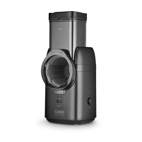 Krajalnica do żywności Caso Design. Jest czarna i ma przezroczyste okno. Posiada przycisk zasilania i pokrętło.