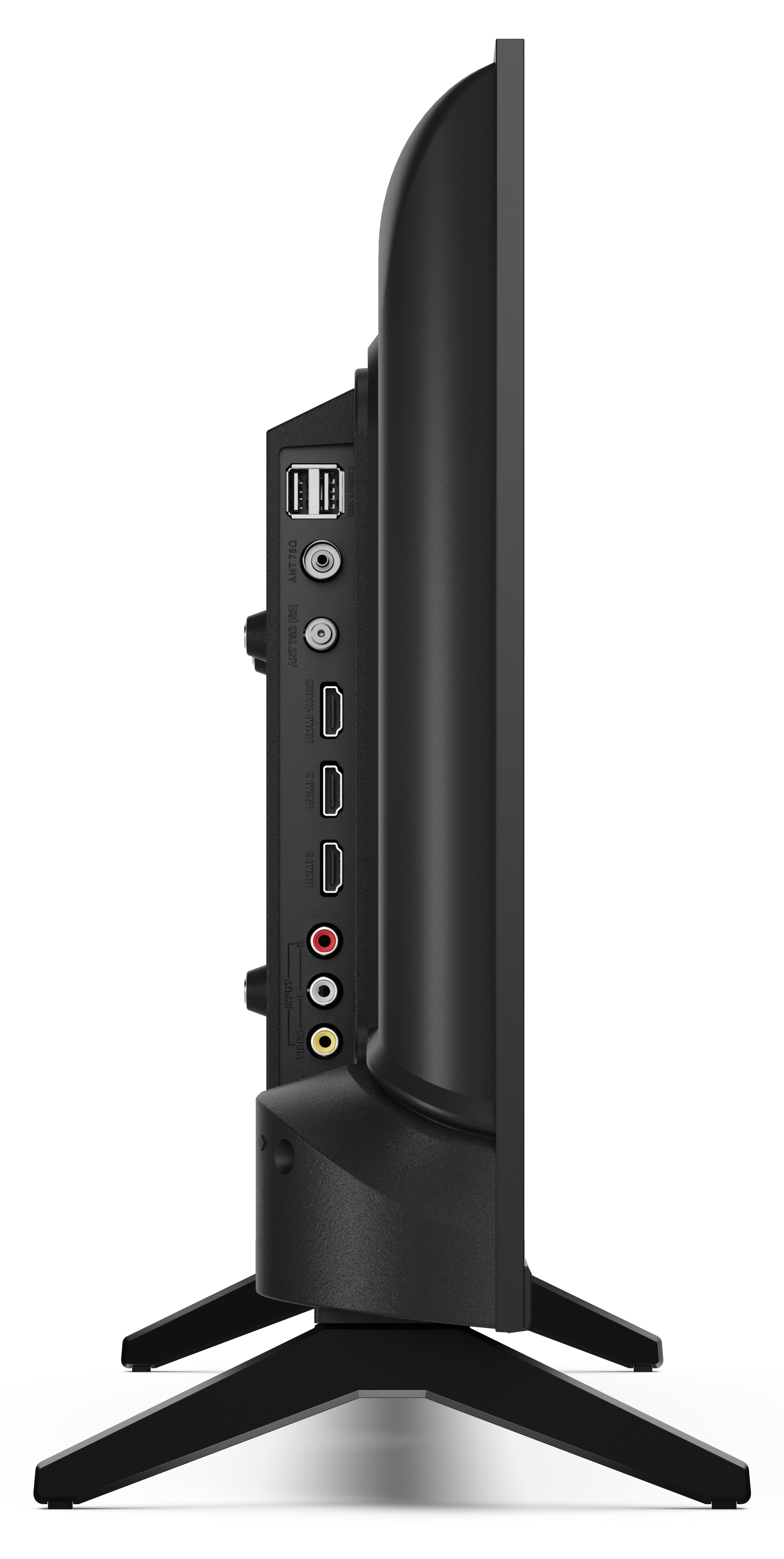 Widok z boku czarnego telewizora z portami, w tym USB, HDMI i anteną. Stoi na dwóch czarnych nóżkach na białym tle.
