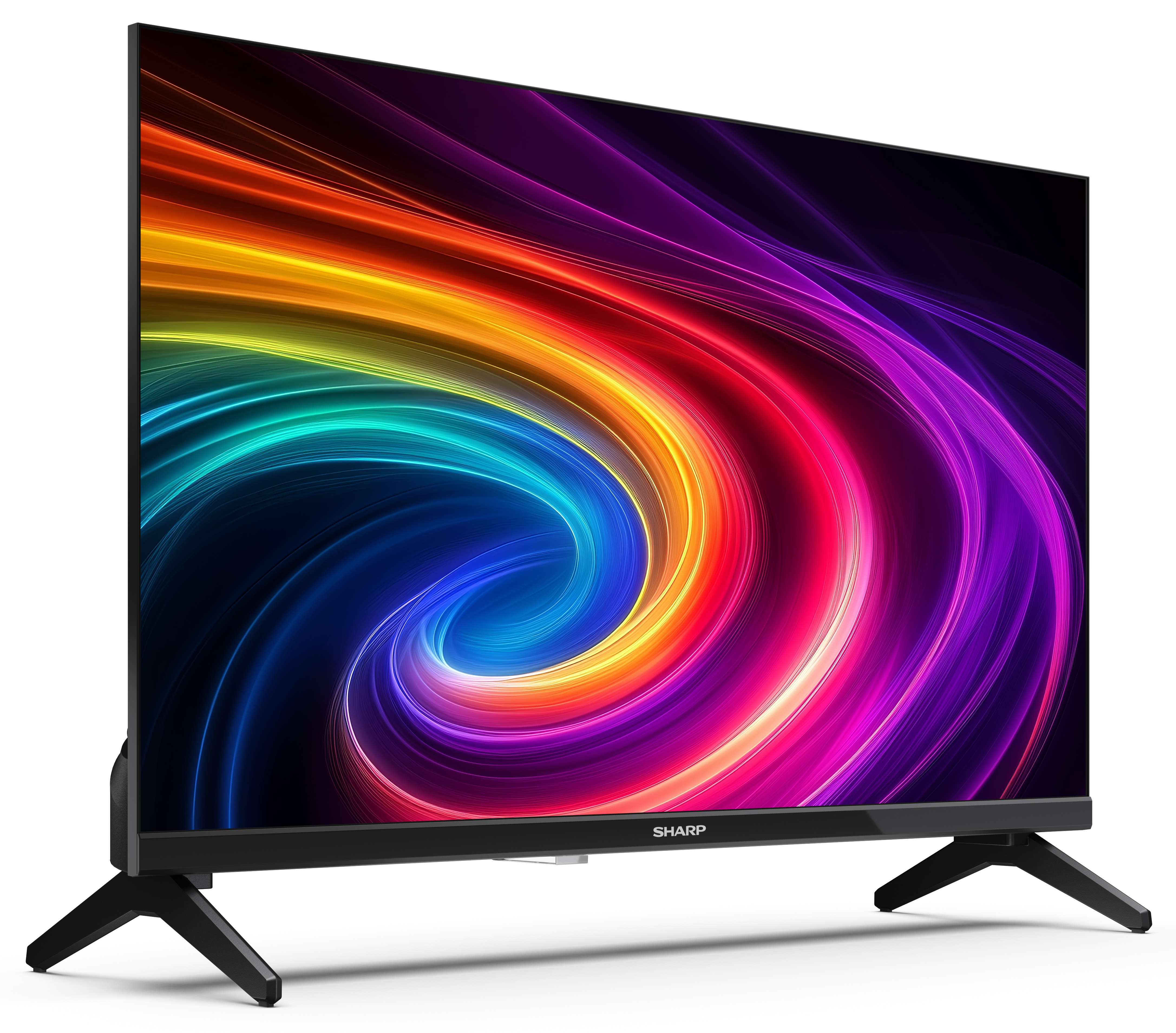 Telewizor SHARP wyświetla wirujący tęczowy wzór. Ma czarną ramę i nogi na białym tle.