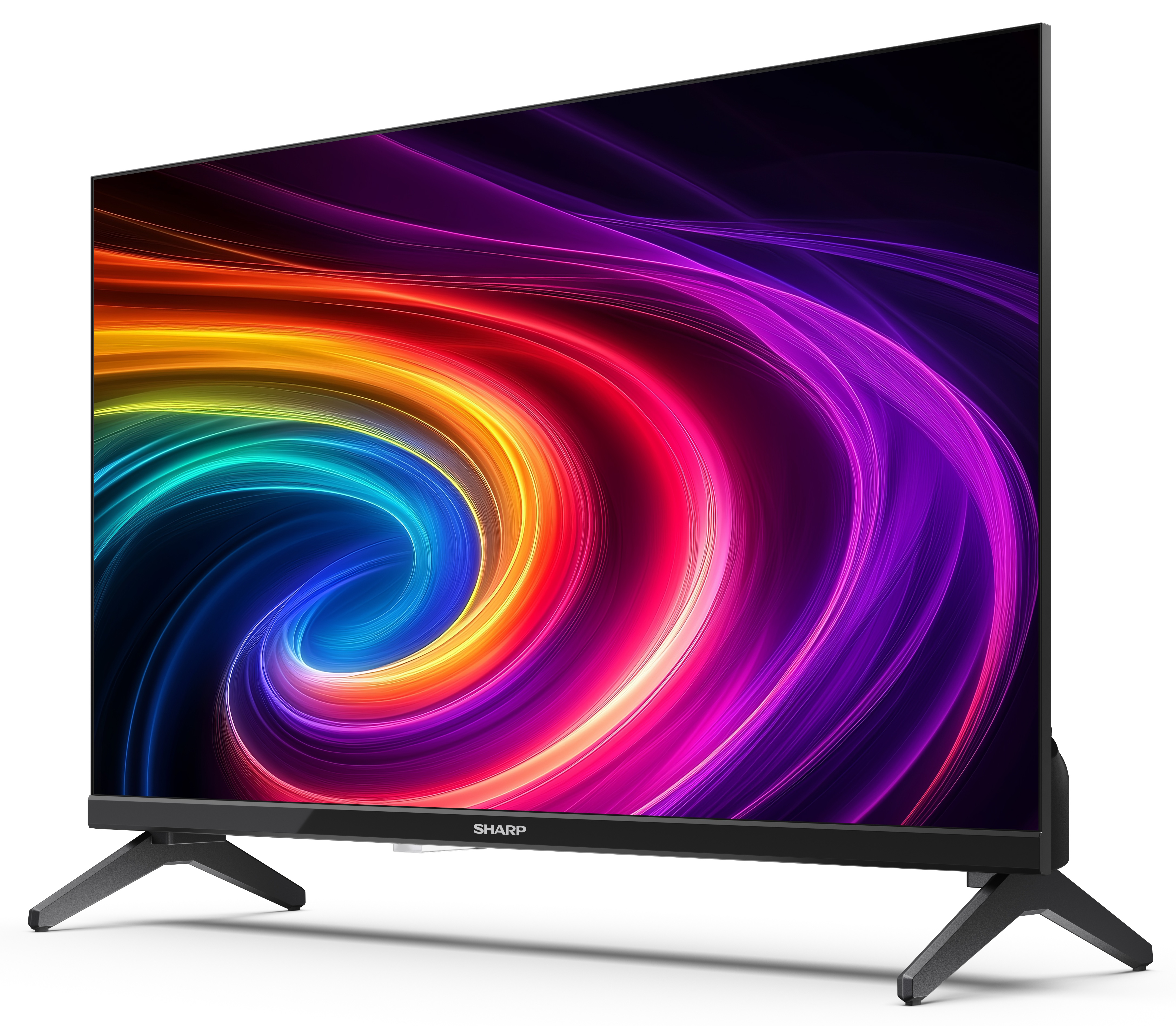 Telewizor Sharp wyświetla kolorowy, abstrakcyjny wzór. Ma czarne nogi i czarną ramę. Tło jest białe.