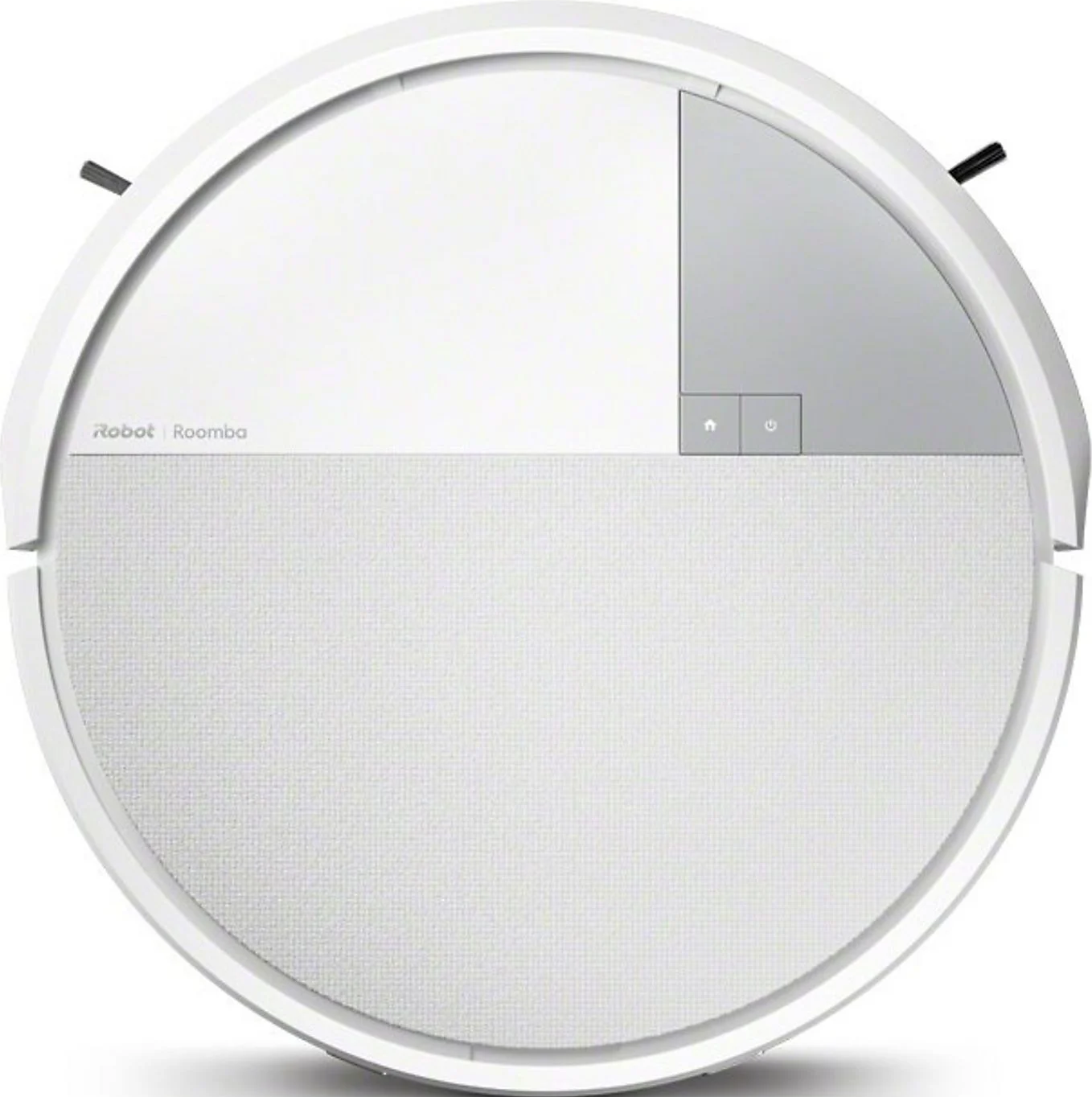 Ein weißer Roomba-Roboter-Staubsauger. Er hat ein kreisförmiges Design mit grauen und weißen Abschnitten und zwei Knöpfen.