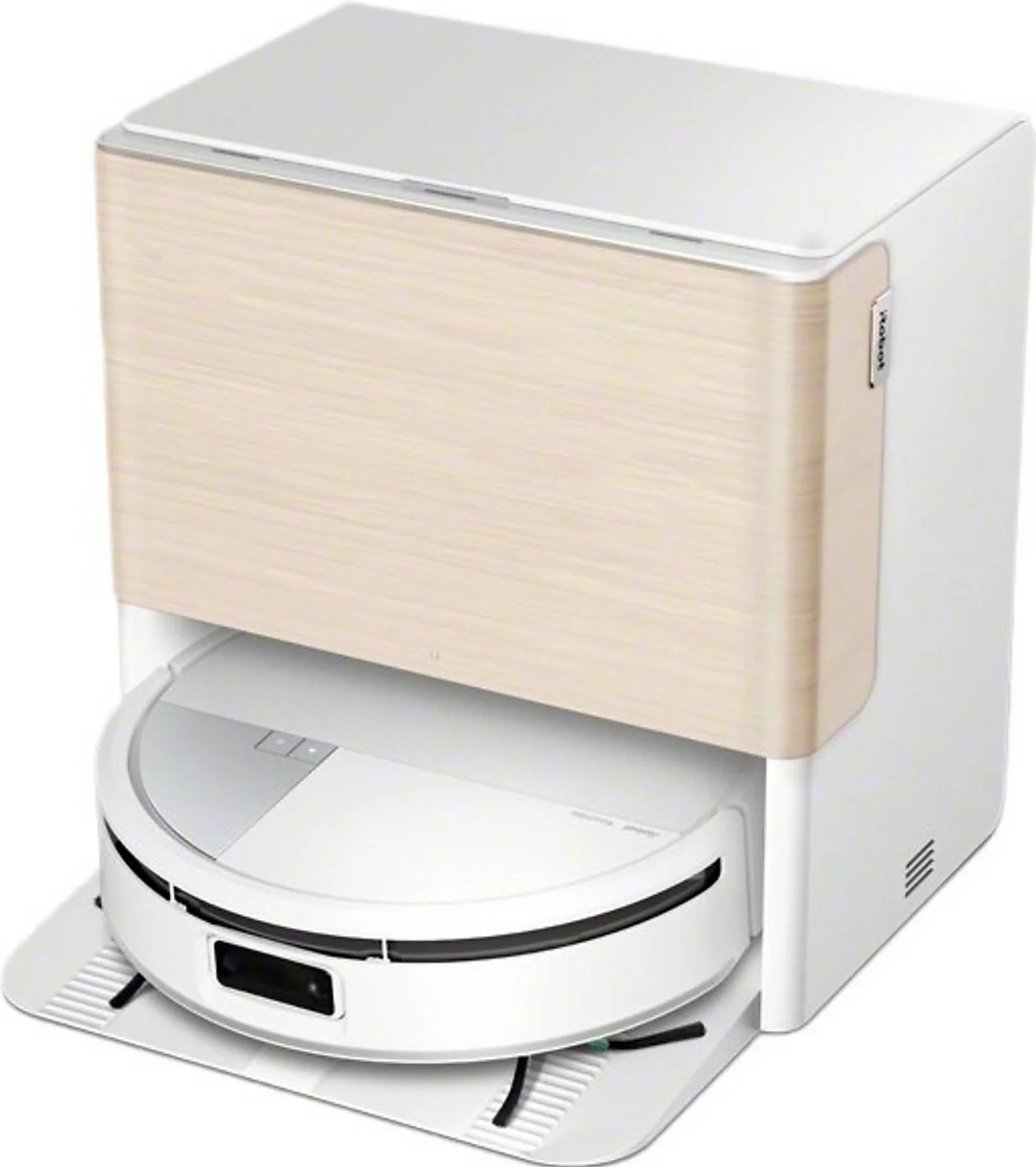 Ein weißer und holzfarbener Roboterstaubsauger und eine Ladestation. Der Staubsauger ist angedockt und einsatzbereit.